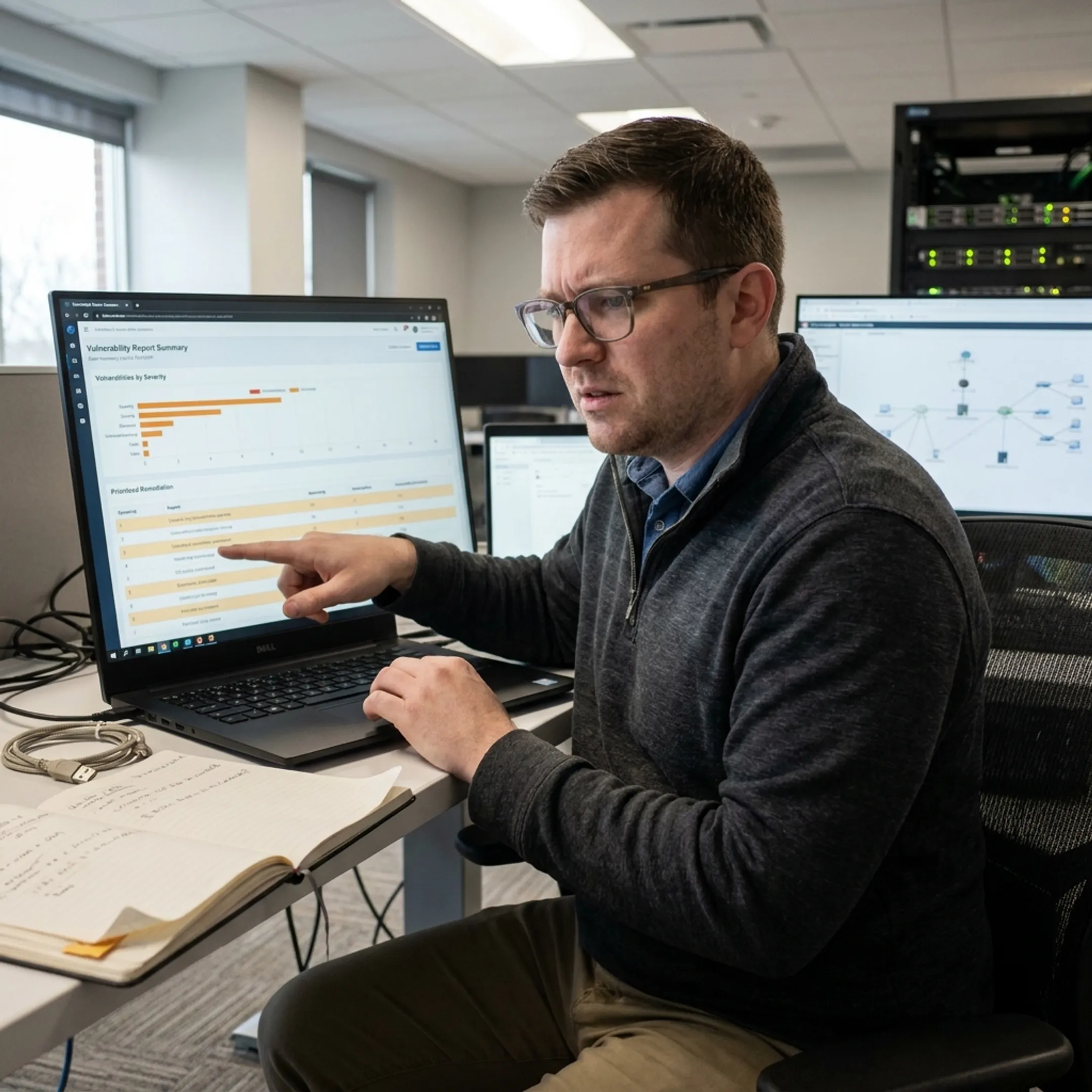 Cybersecurity specialist analyzing a network risk report