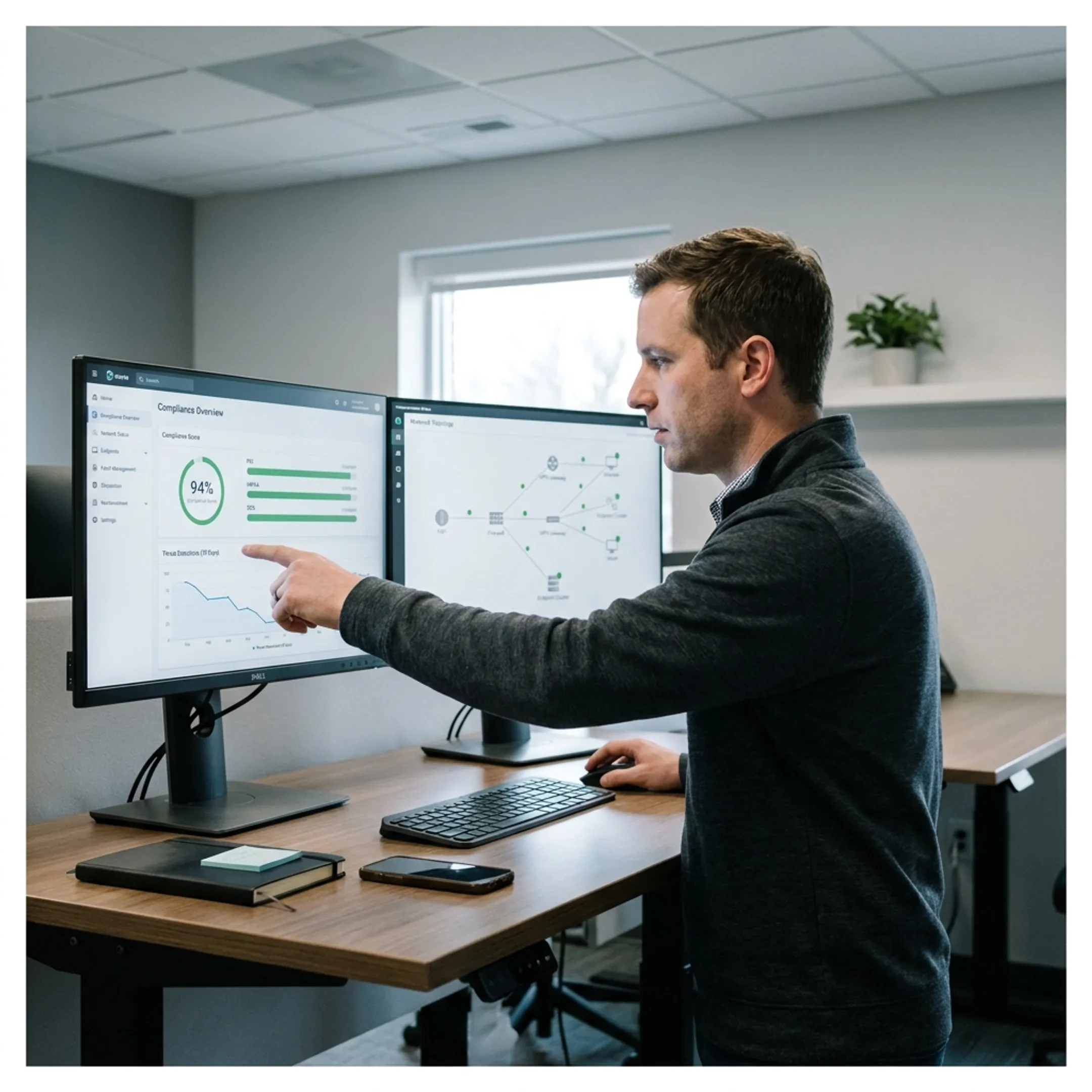 IT professional reviewing business compliance dashboard