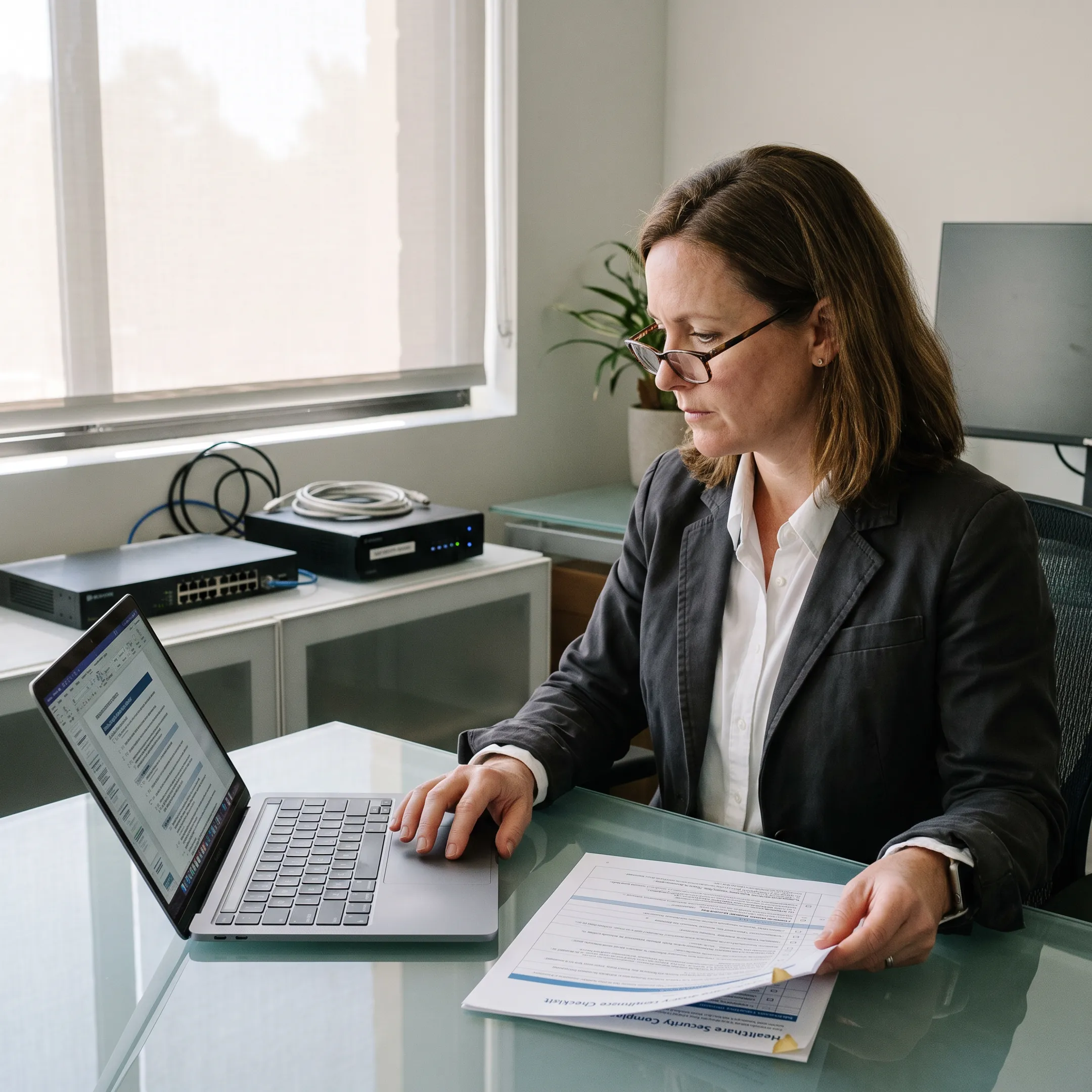 Consultant reviewing healthcare data security
