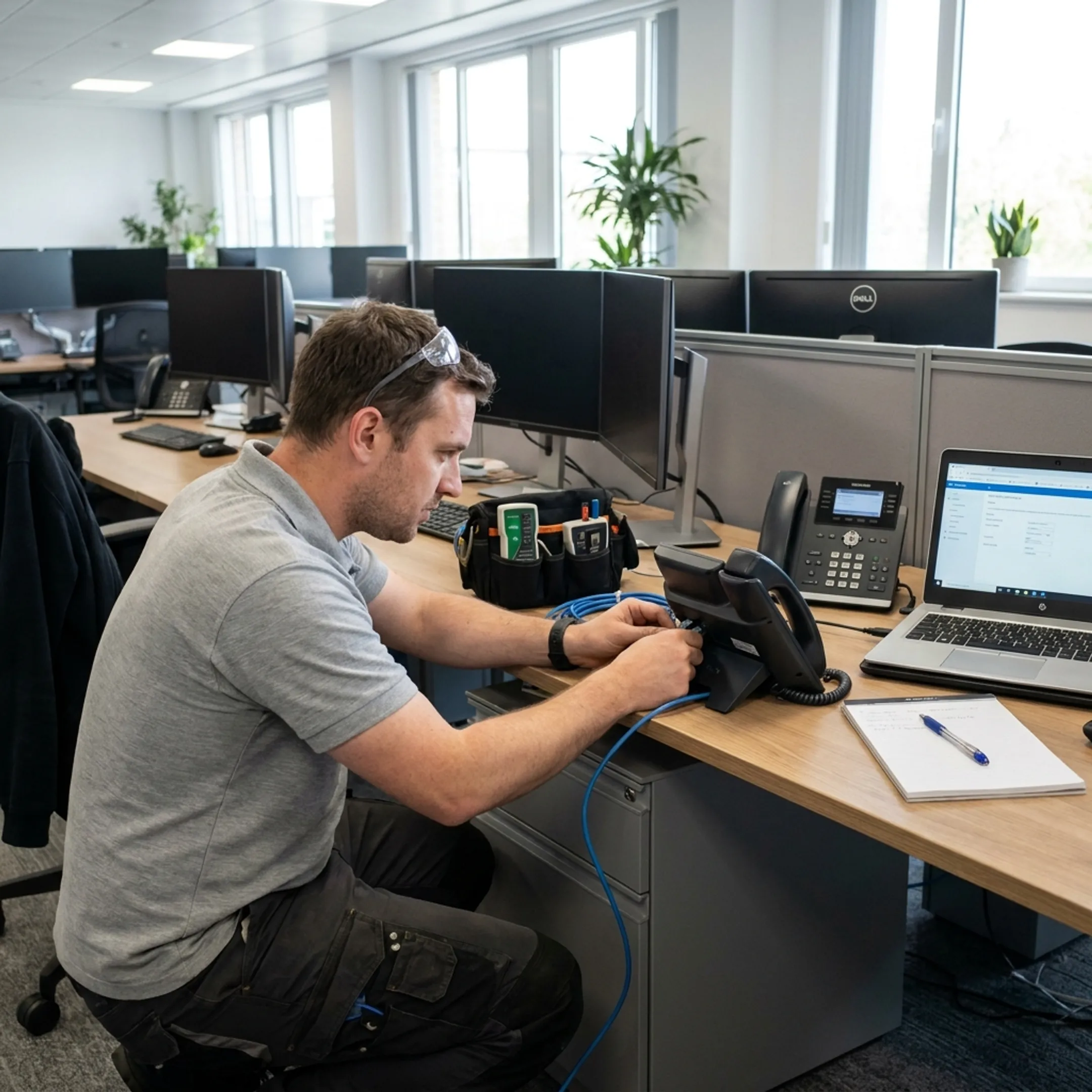 Technician installing business desk phones in an office