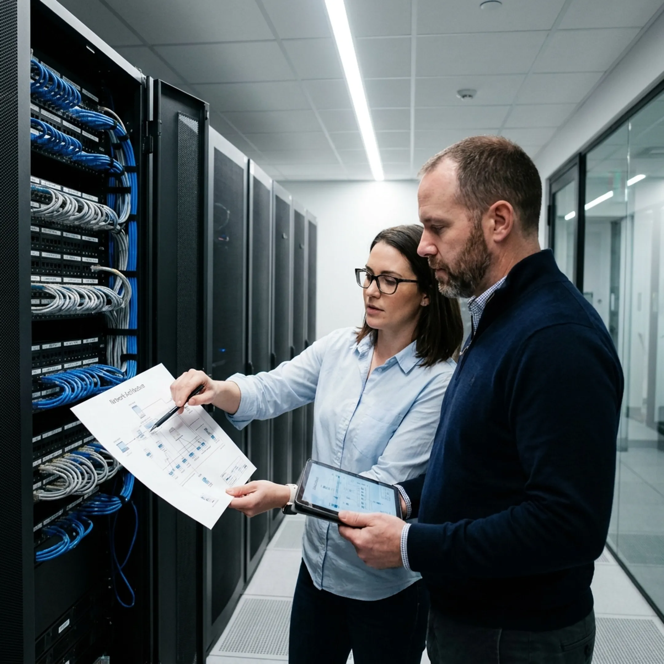 Engineers reviewing a business network design