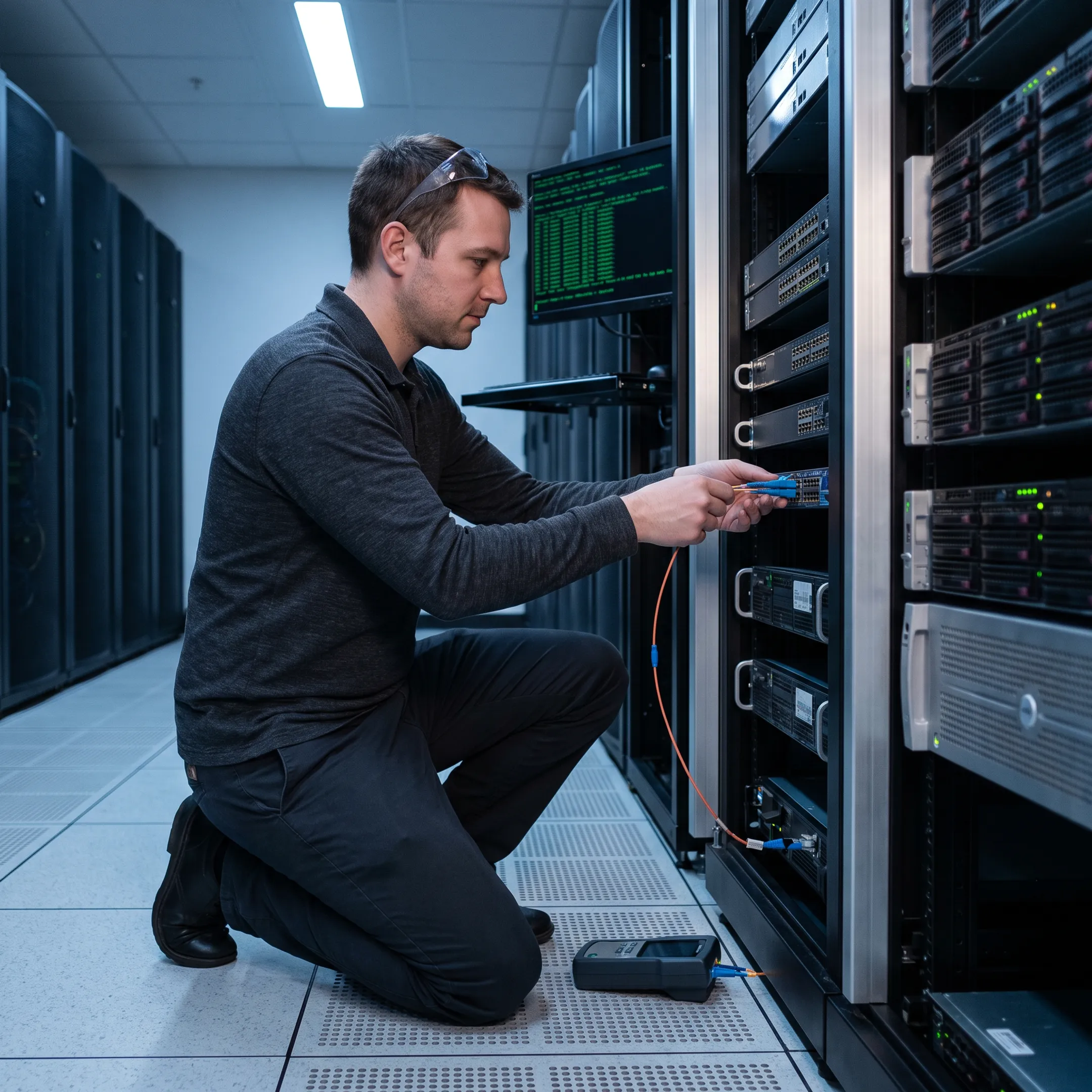 Technician configuring data center network equipment