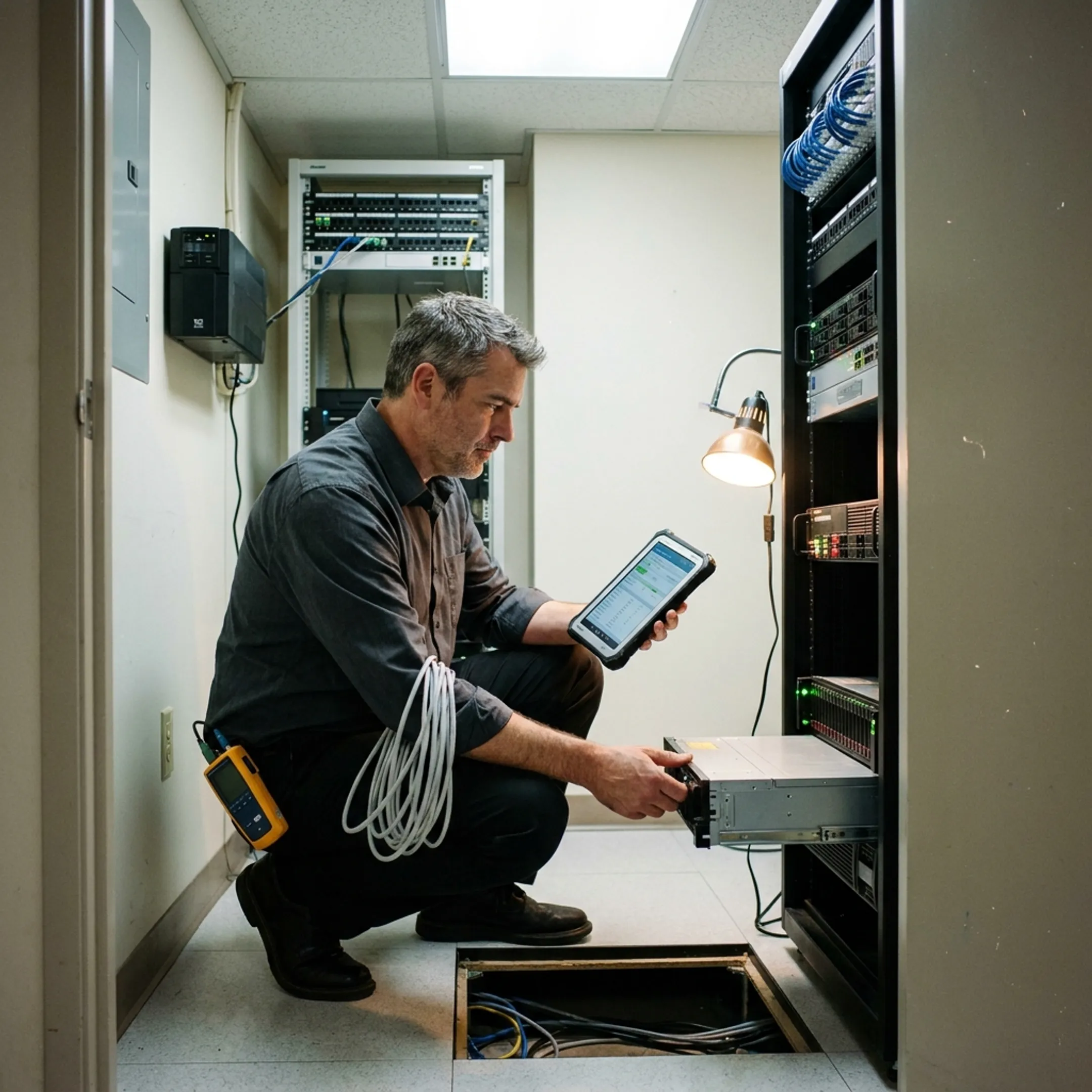 Technician assessing a server for data recovery