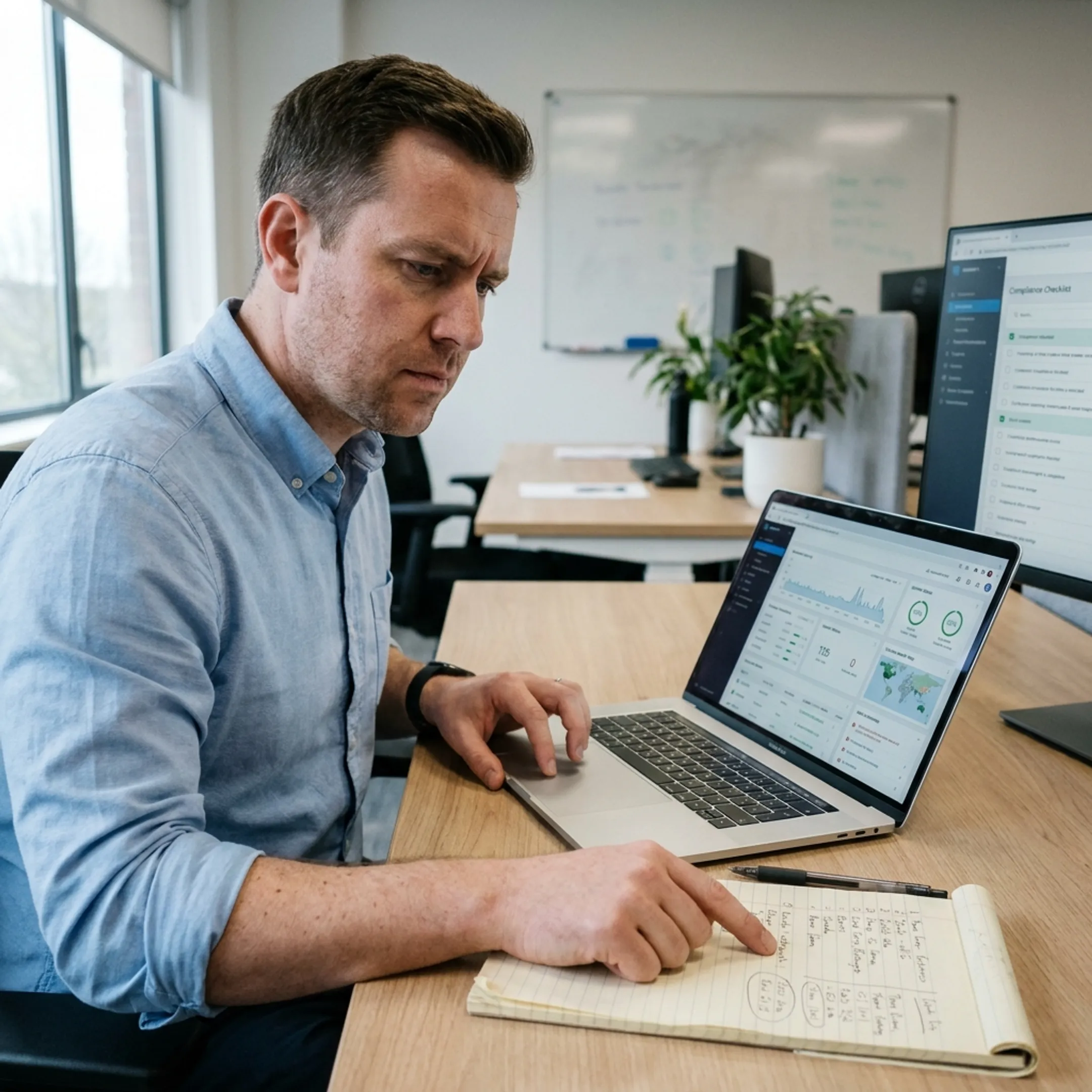 Web designer reviewing a business website on laptop