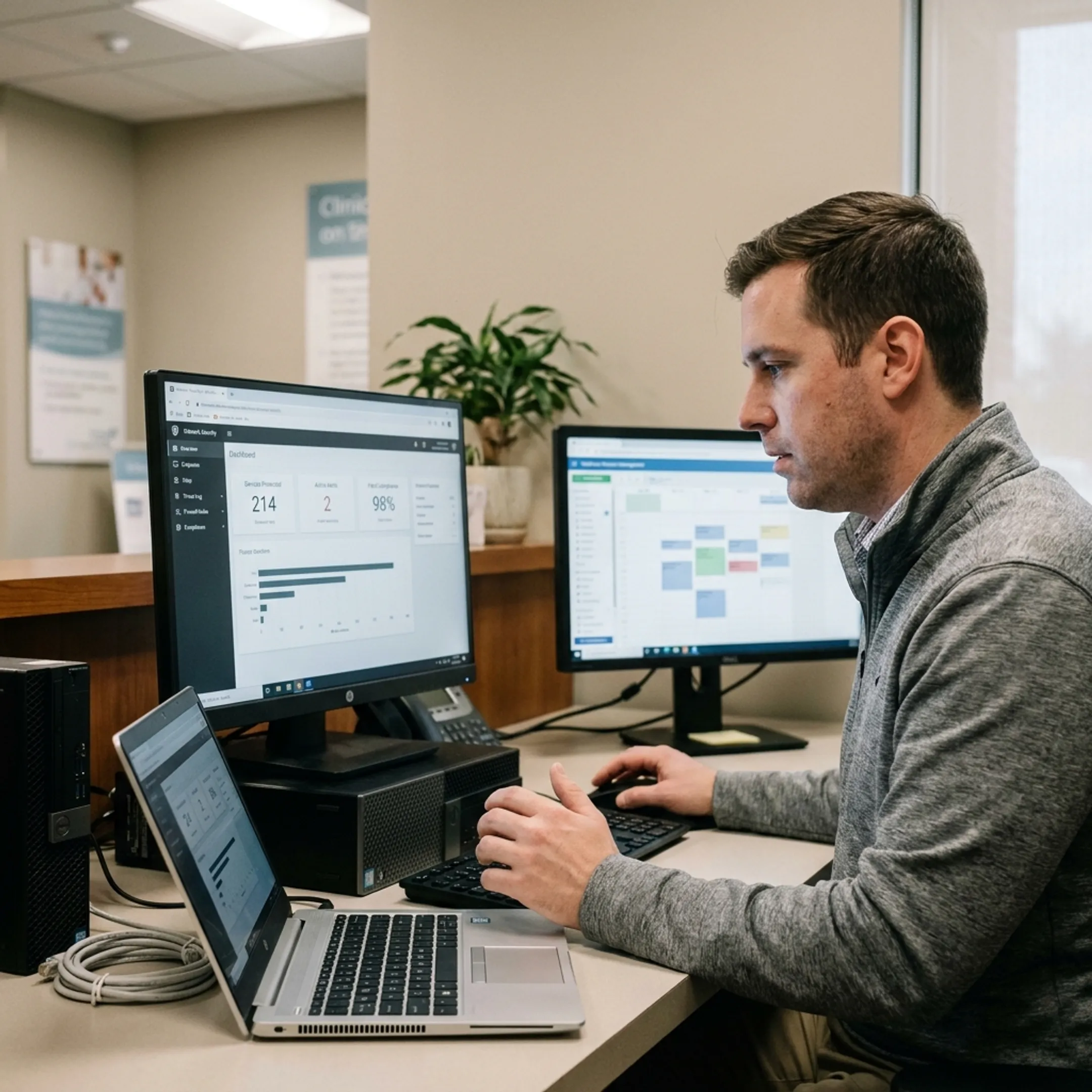 IT specialist configuring healthcare cybersecurity controls