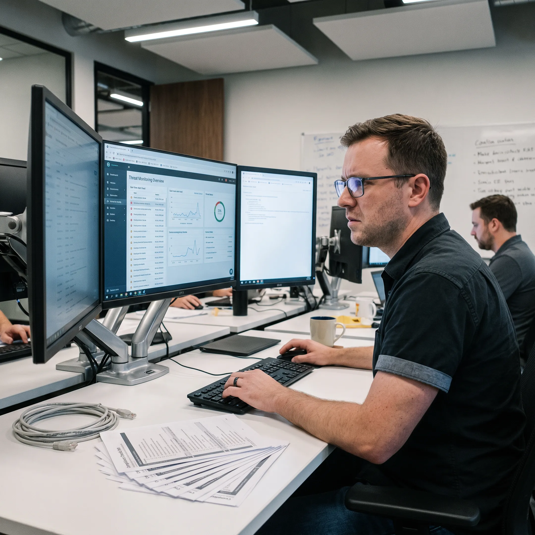 Healthcare IT professional reviewing cybersecurity alerts
