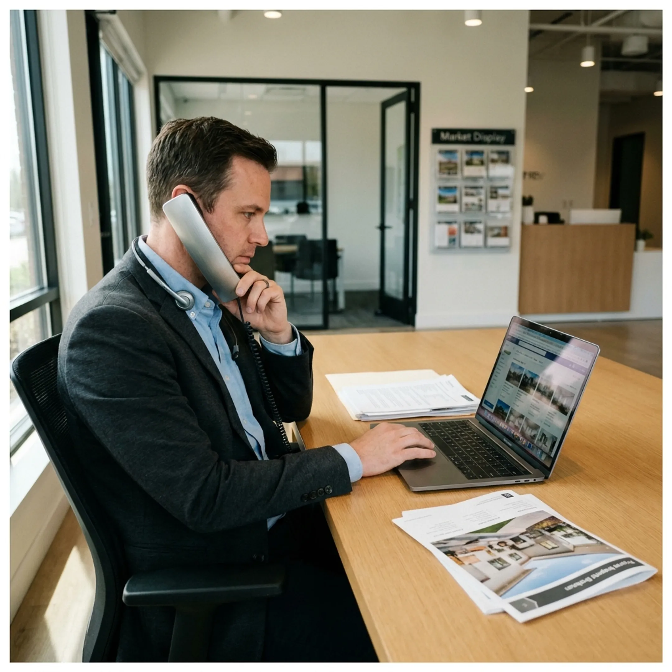 Real estate professional using a VoIP desk phone