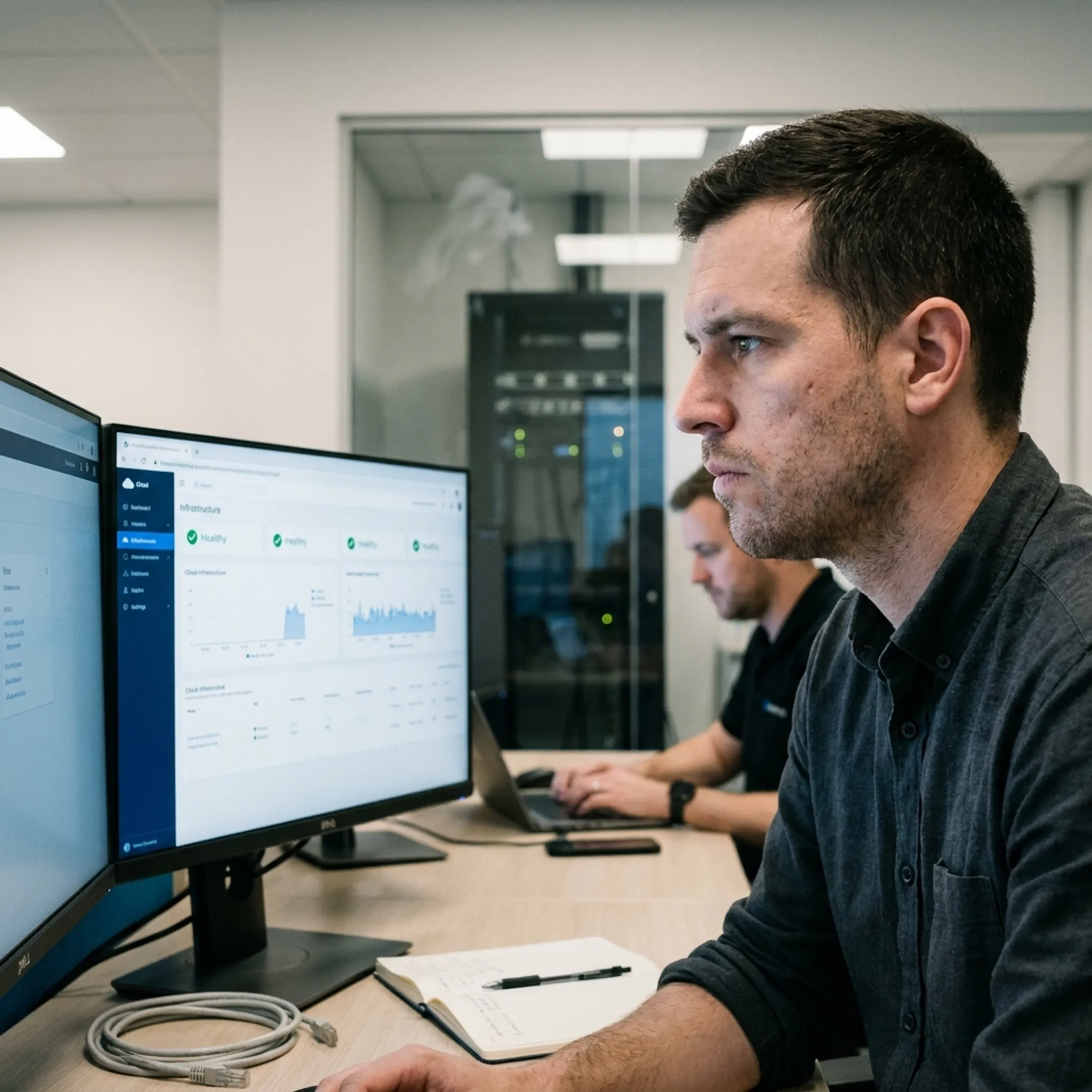 IT professional monitoring cloud hosting infrastructure