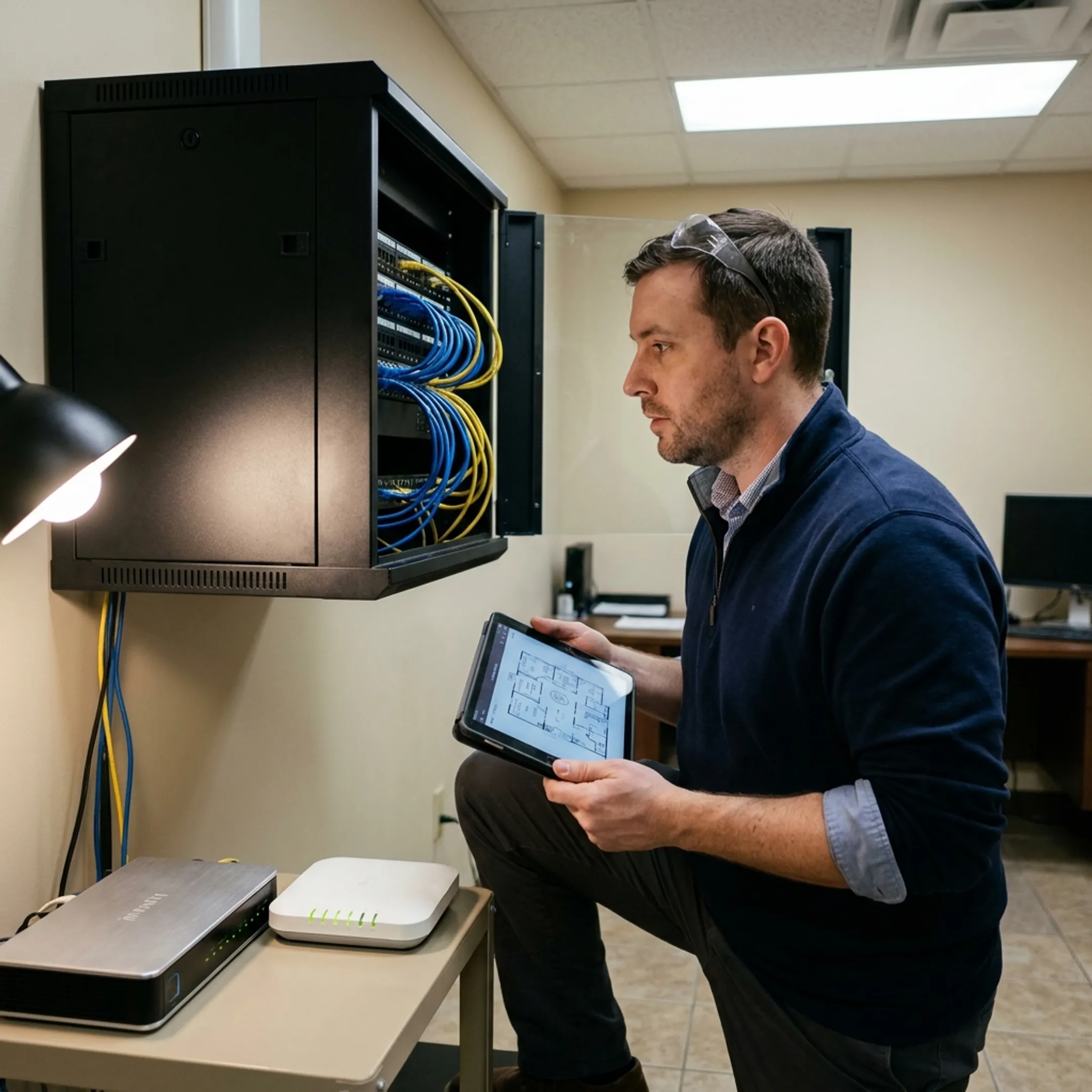 Technician planning a business network installation