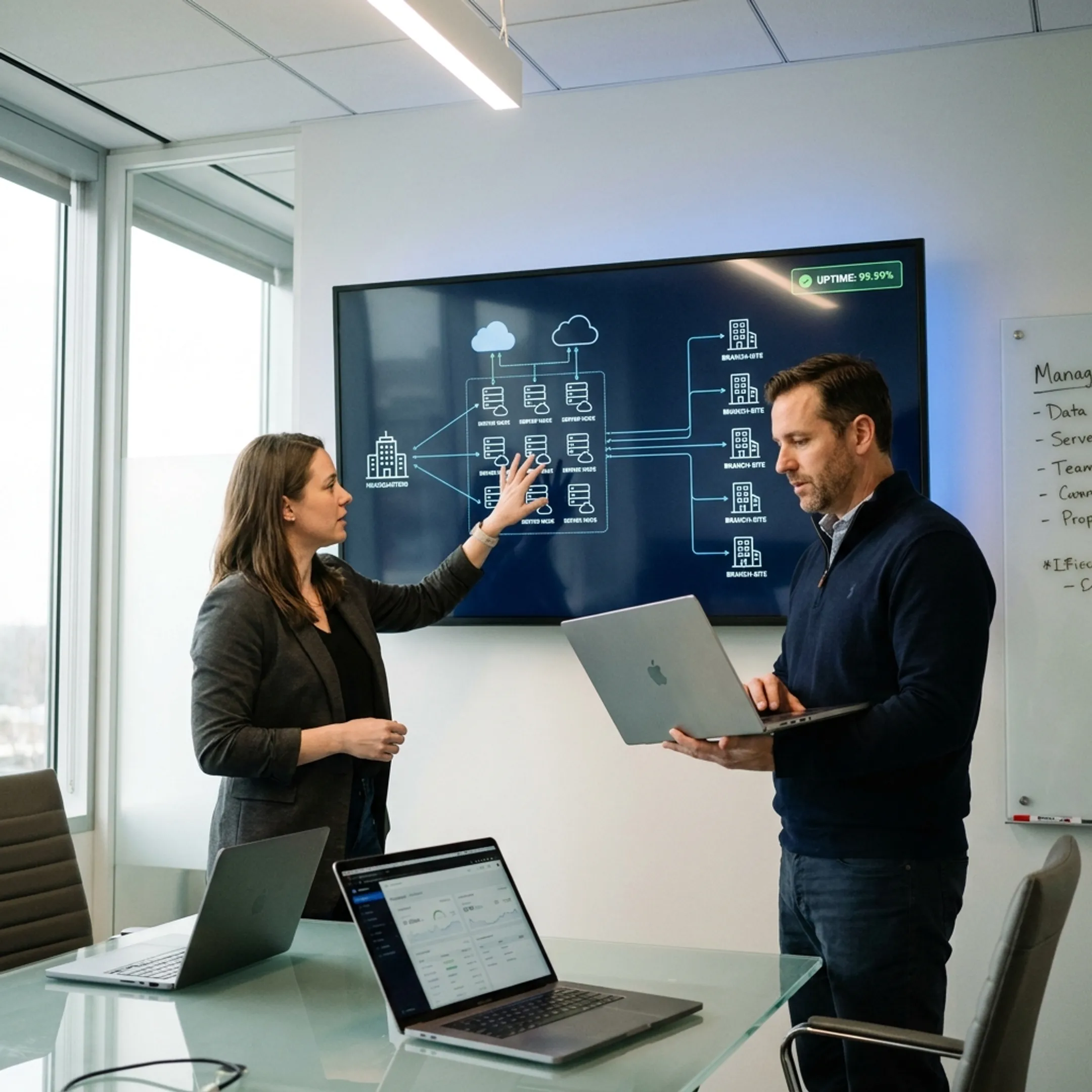 Construction professionals reviewing digital plans in an office