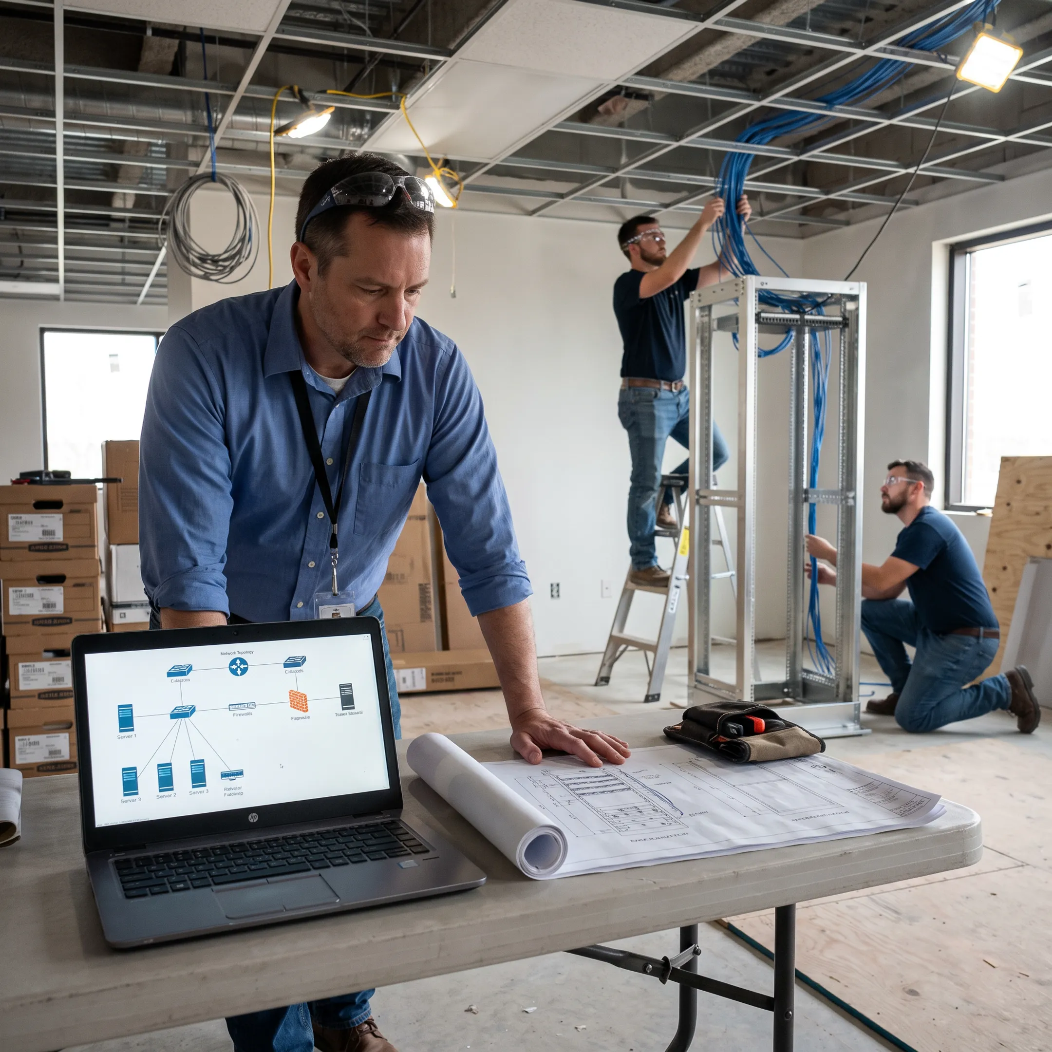 Construction manager using a laptop at an active jobsite