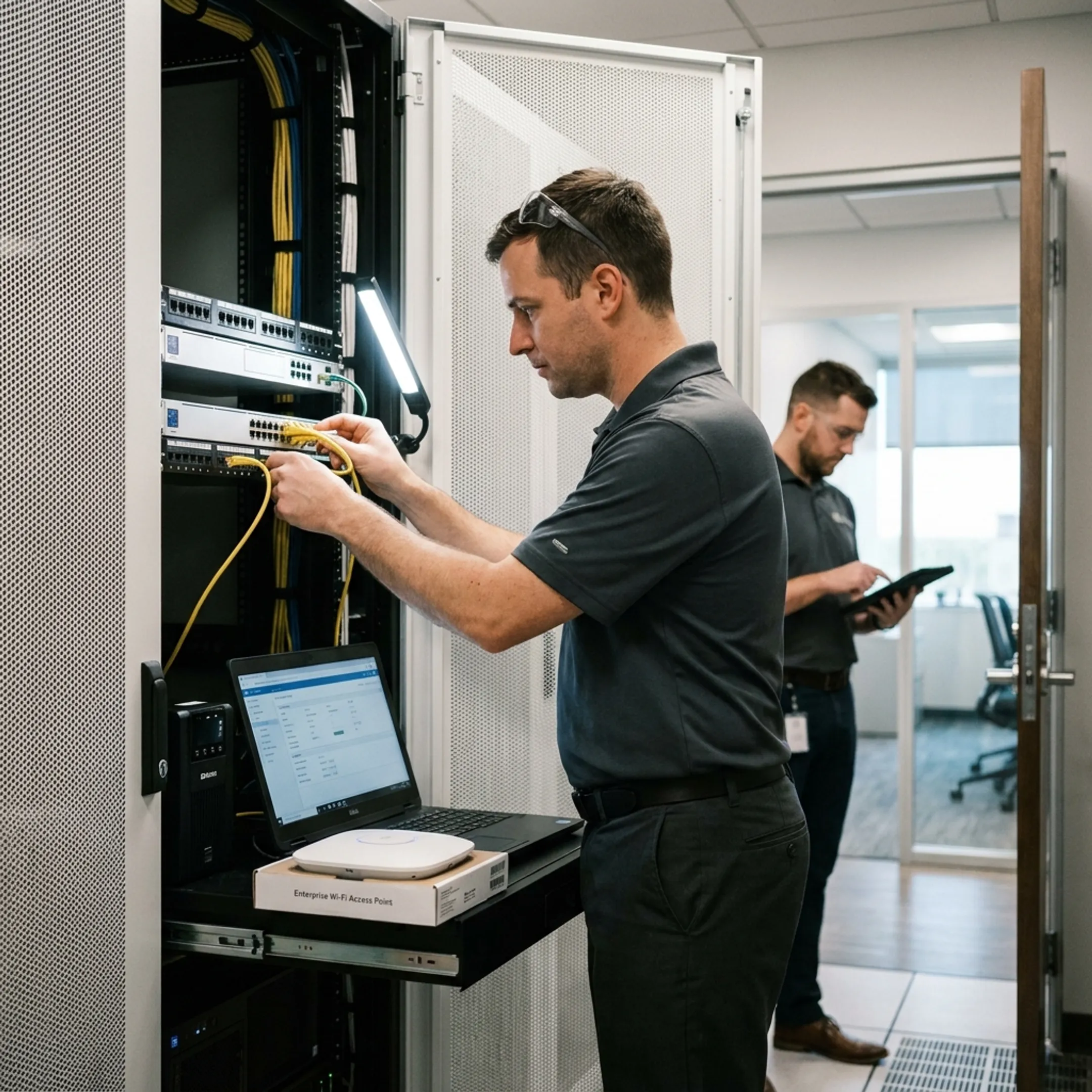IT engineer configuring enterprise wireless network equipment
