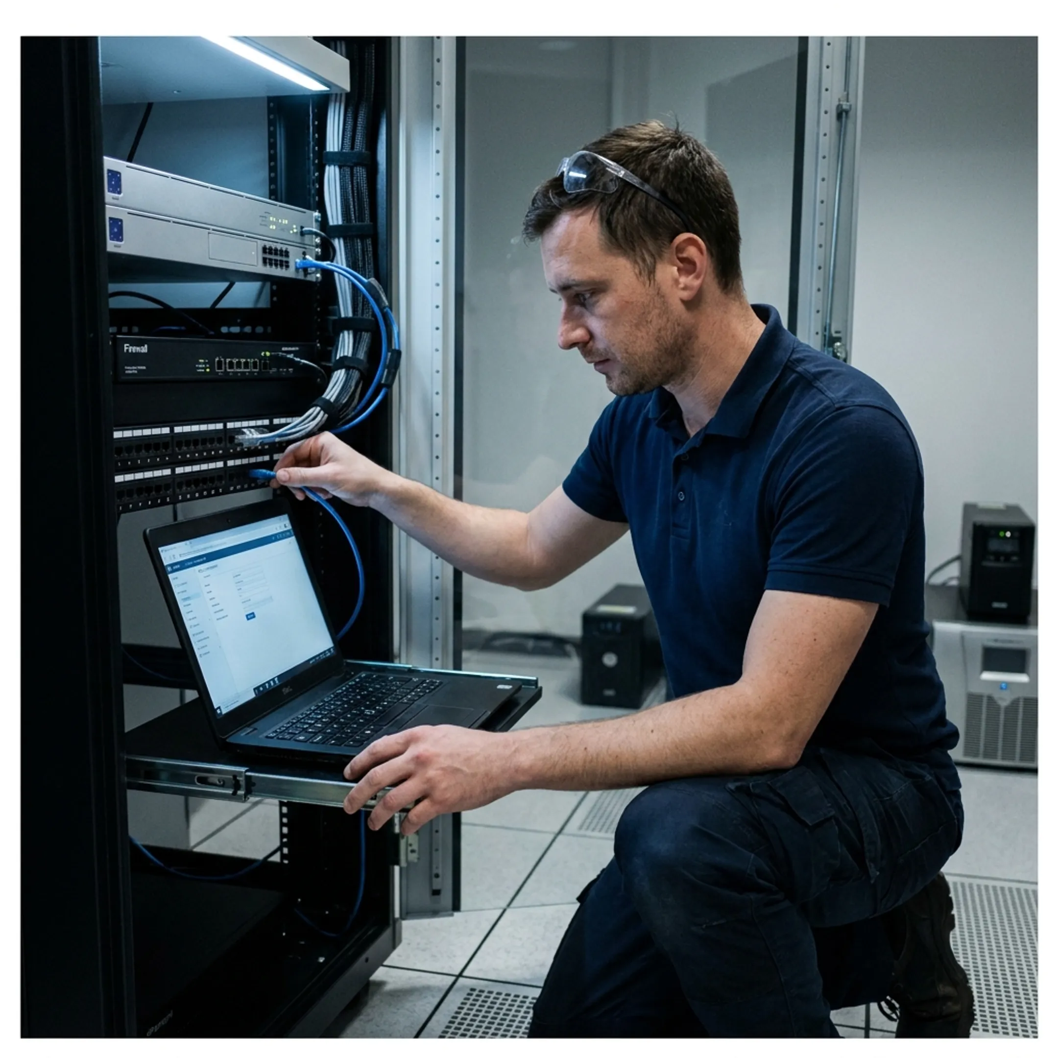 Technician configuring office network equipment