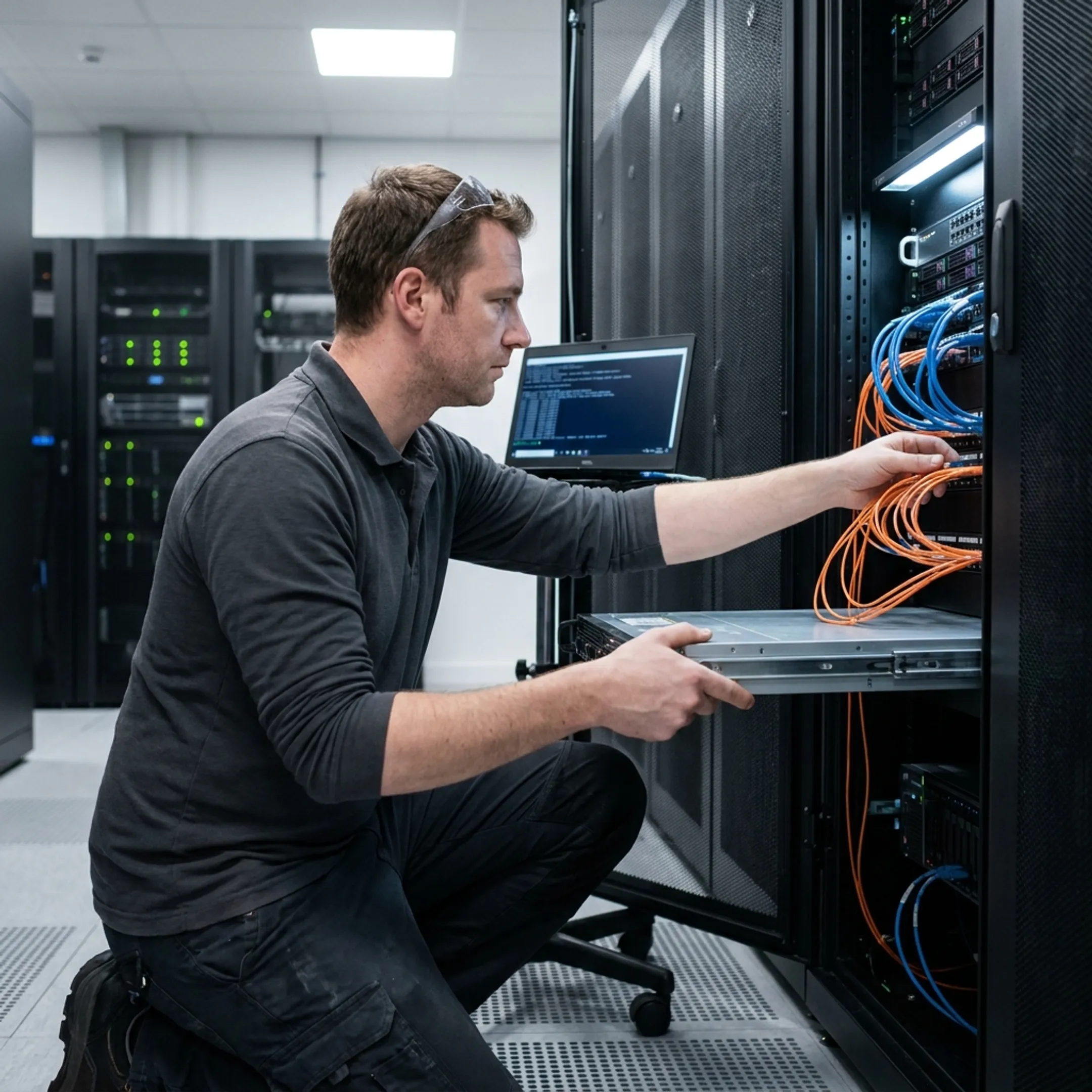 Technician configuring backup appliance hardware