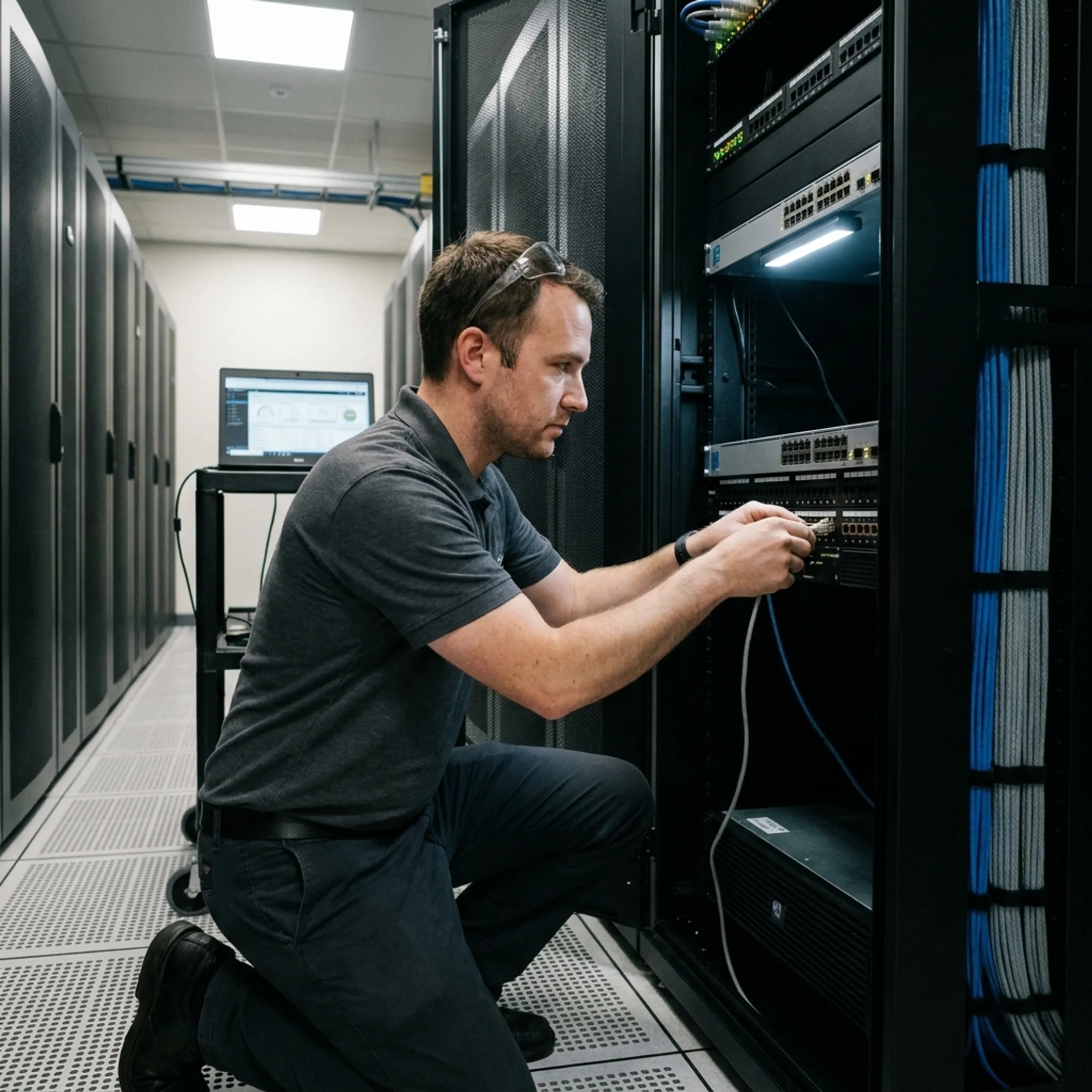 IT engineer configuring business network equipment