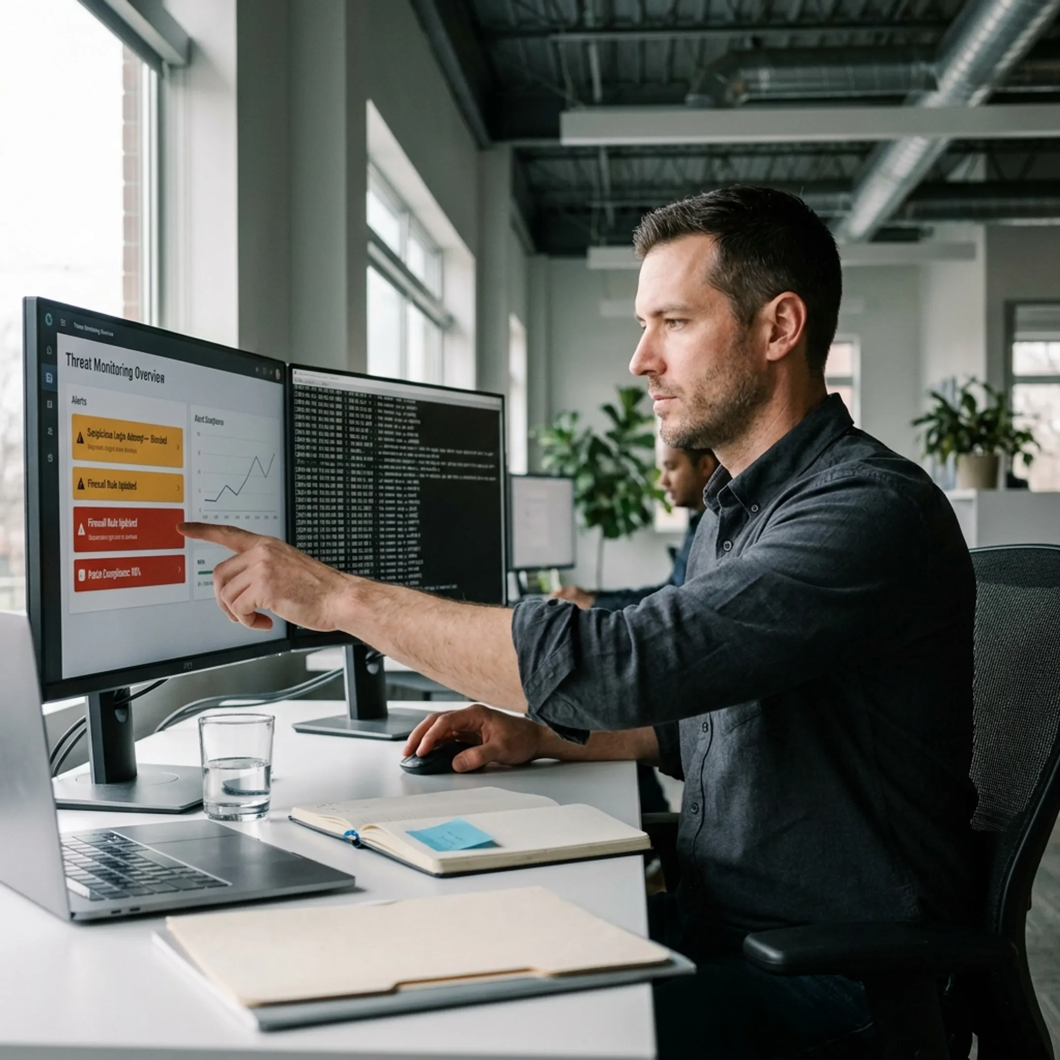 IT professional reviewing website security dashboard