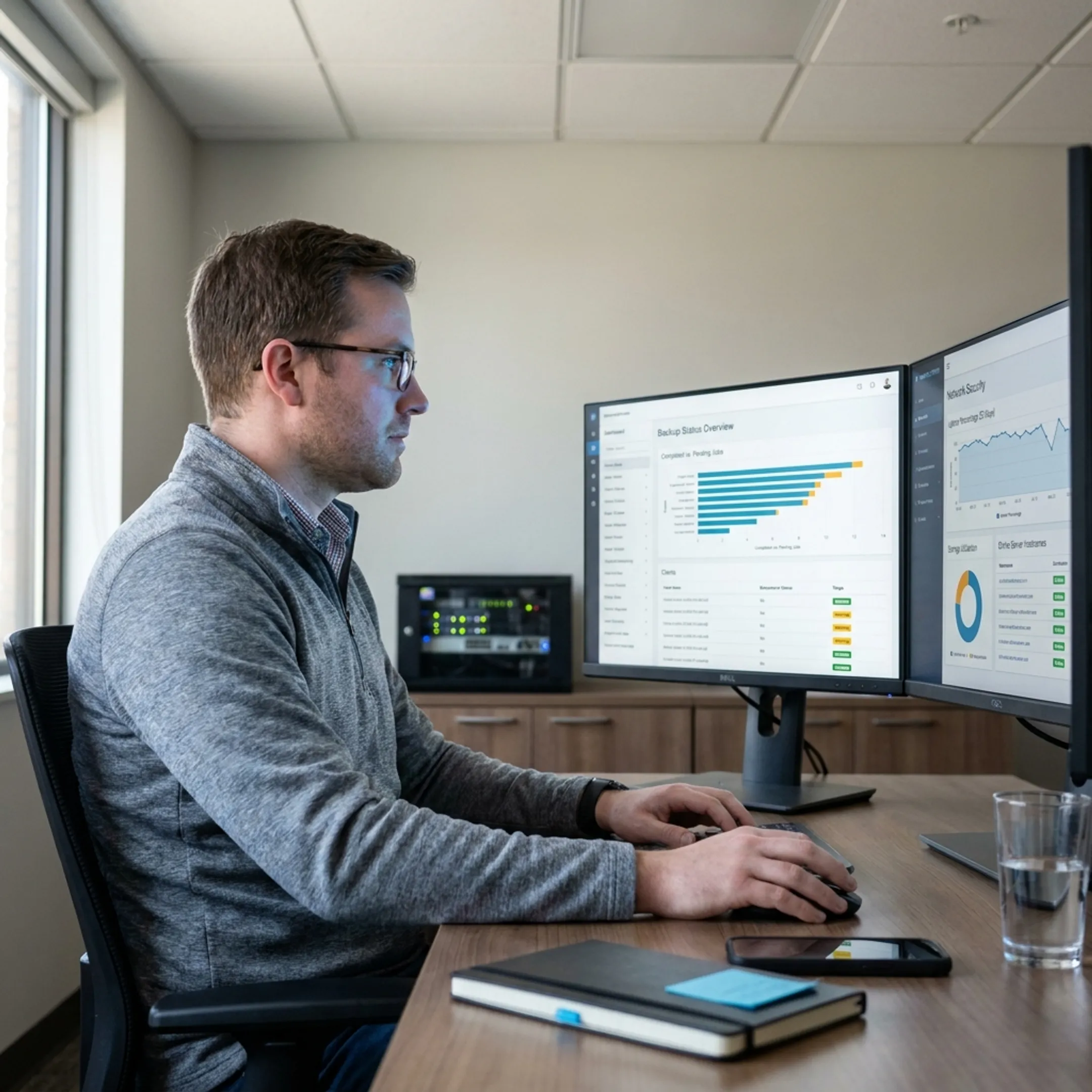 IT professional reviewing secure cloud backup dashboard