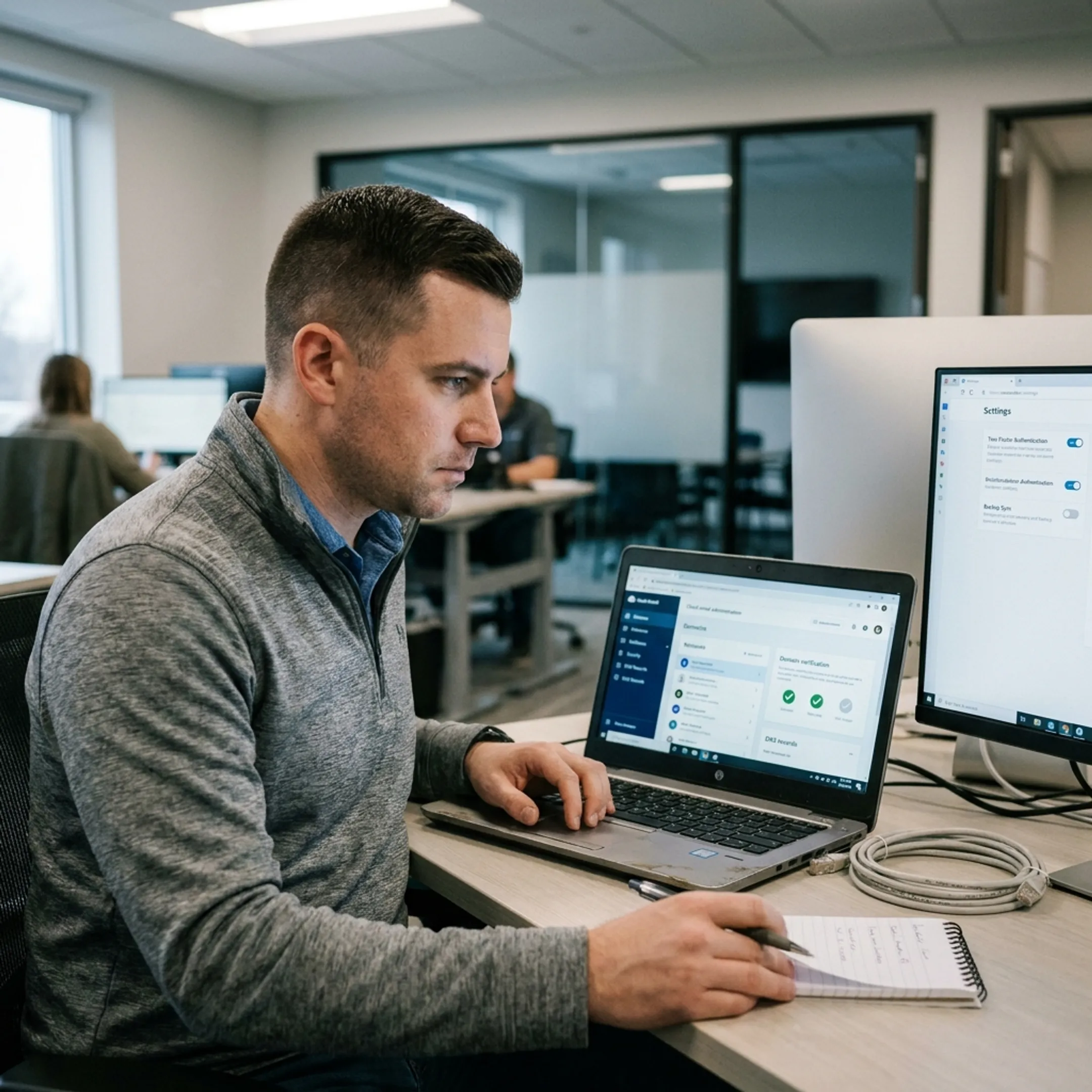Technician configuring cloud email accounts for a business