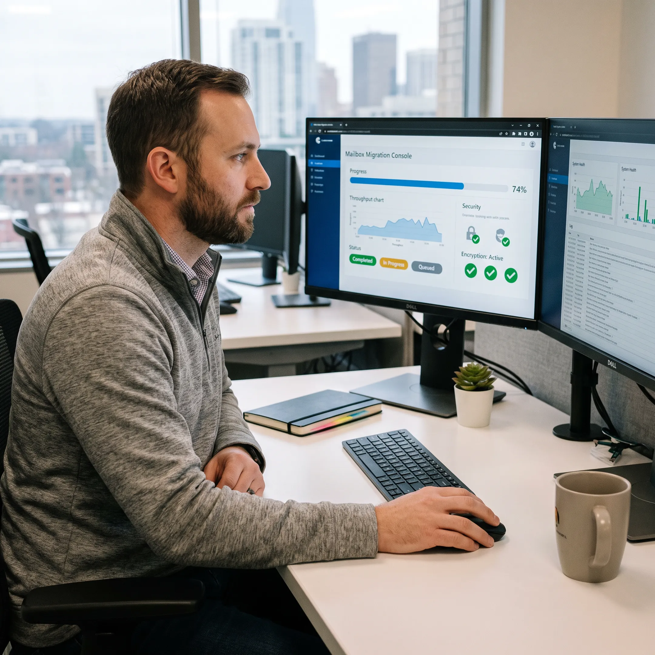 IT specialist overseeing a secure business email migration