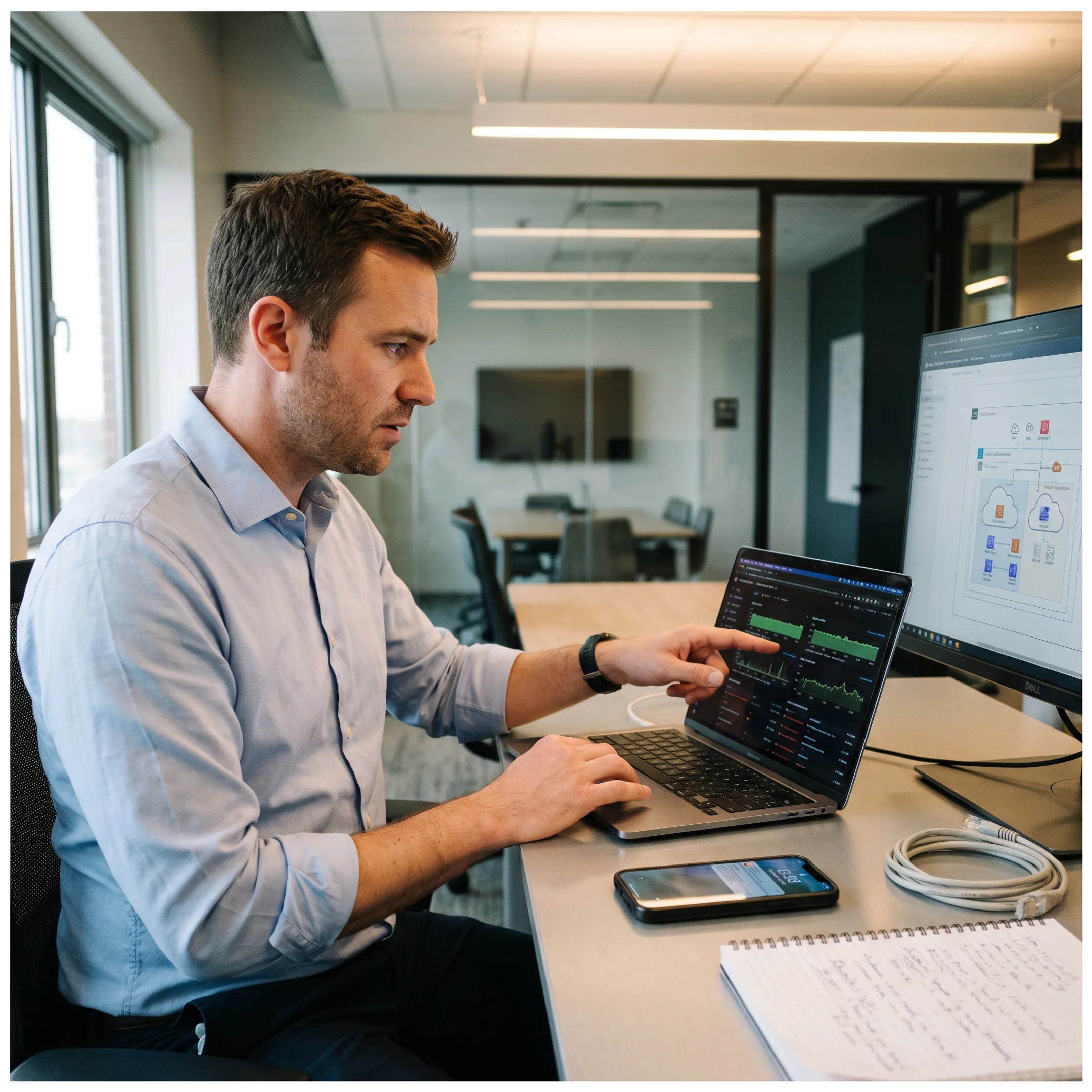 Designer reviewing a business website on a laptop