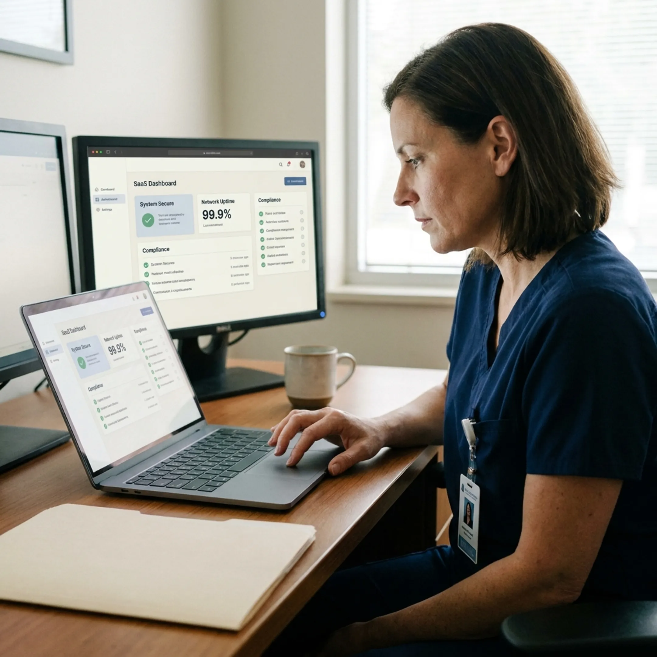 Healthcare professional reviewing secure web hosting dashboard
