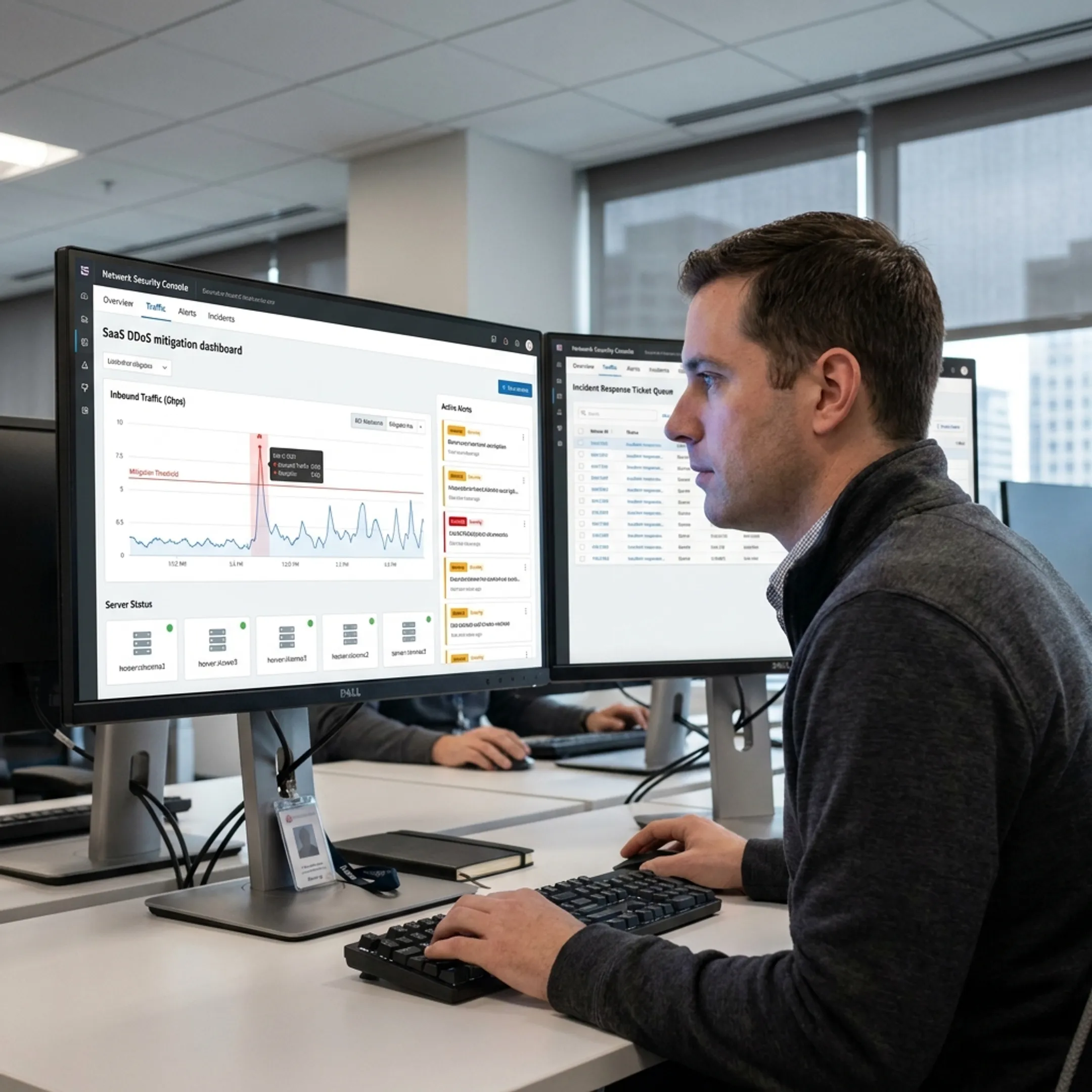 Engineer reviewing DDoS protection dashboard