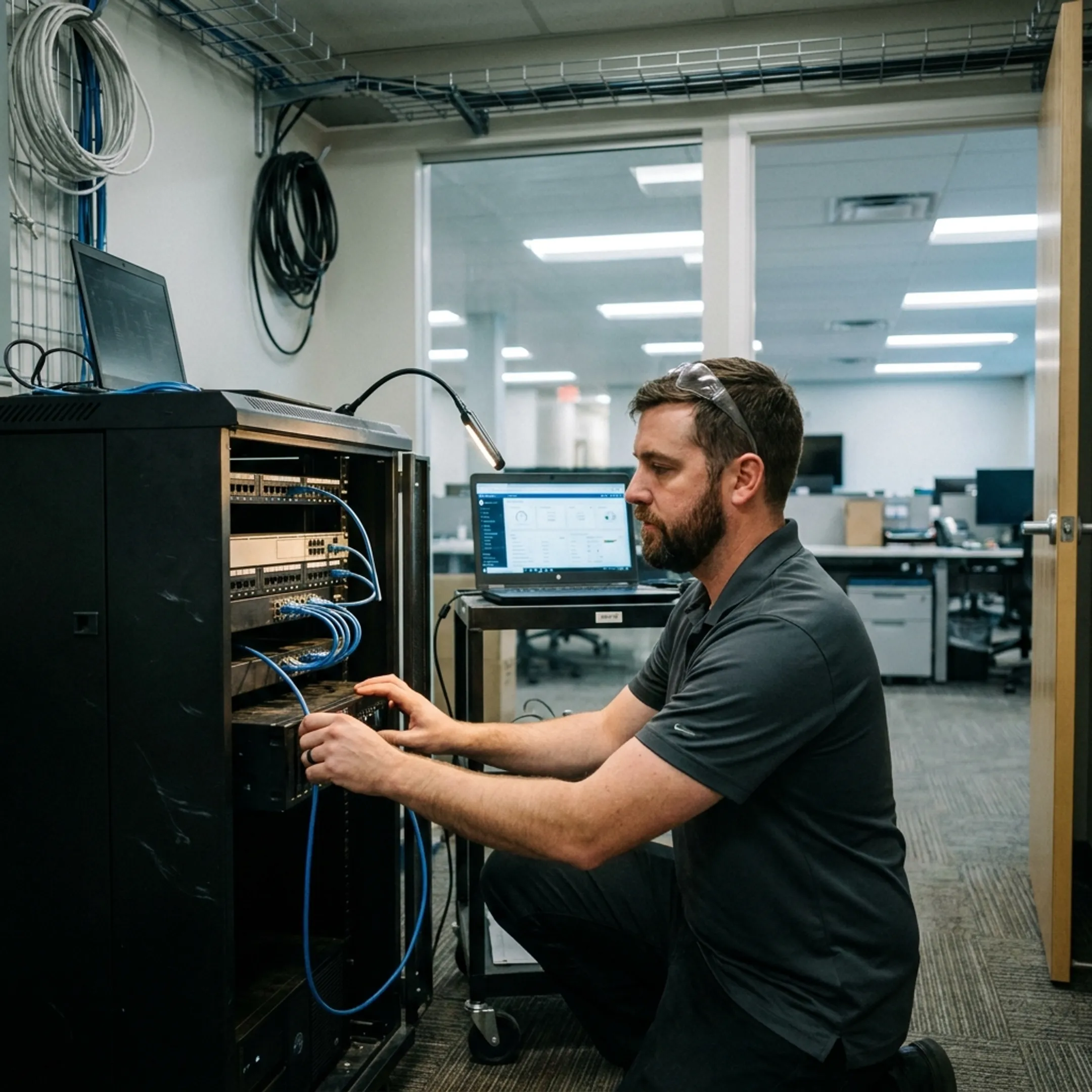 Technician configuring a business server network