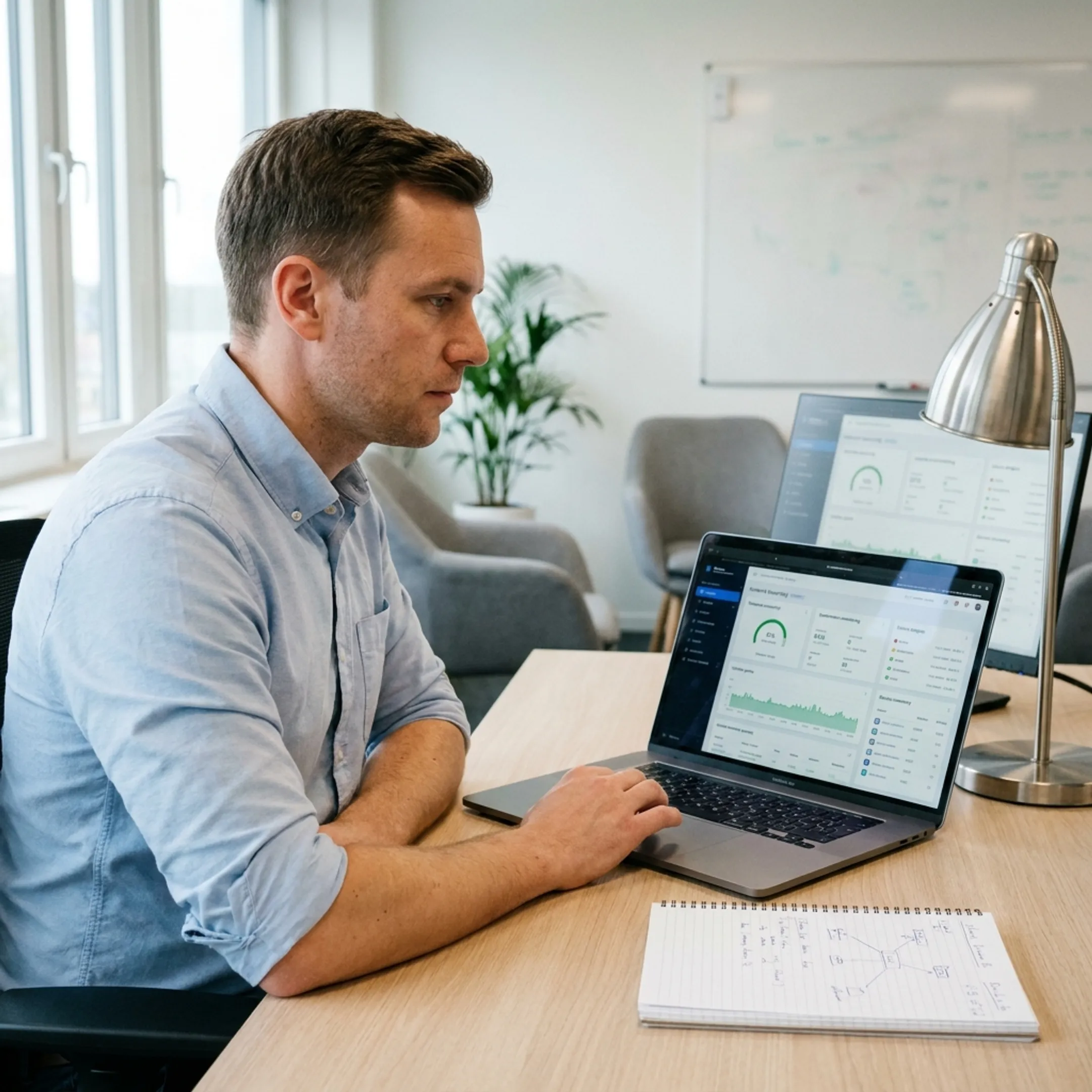 Designer reviewing a WordPress website layout on a laptop