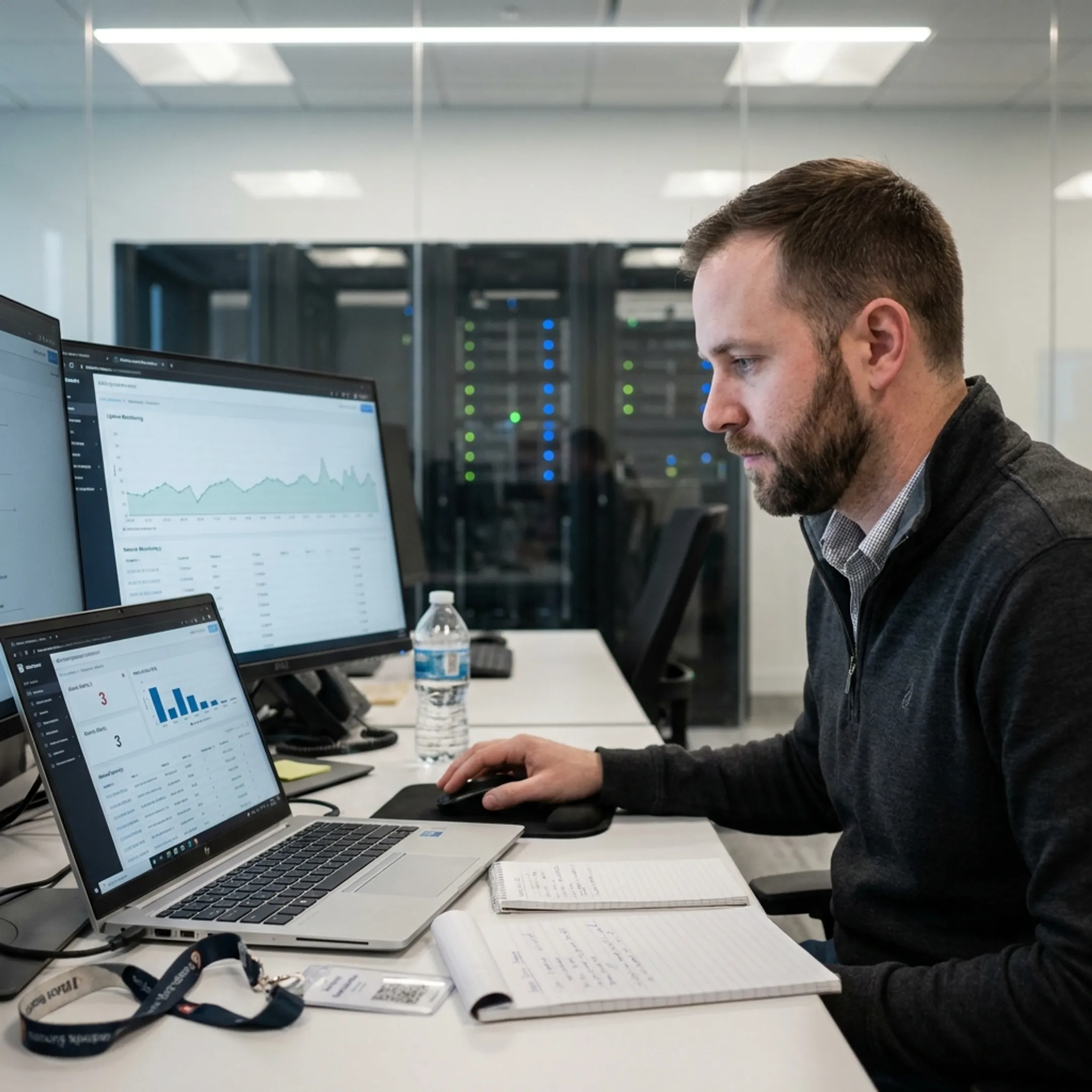 Engineer reviewing secure cloud hosting dashboard