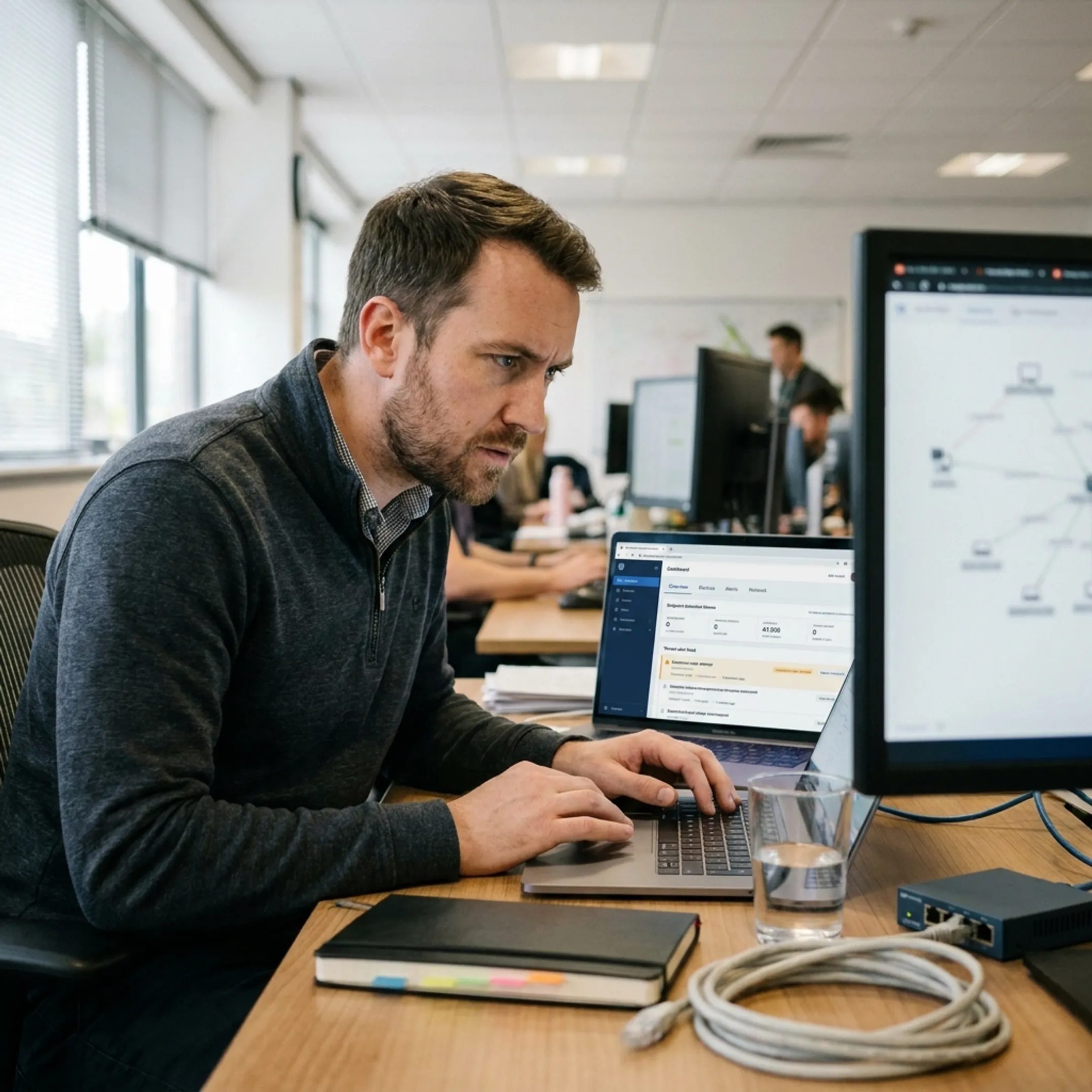 IT specialist reviewing endpoint security dashboard
