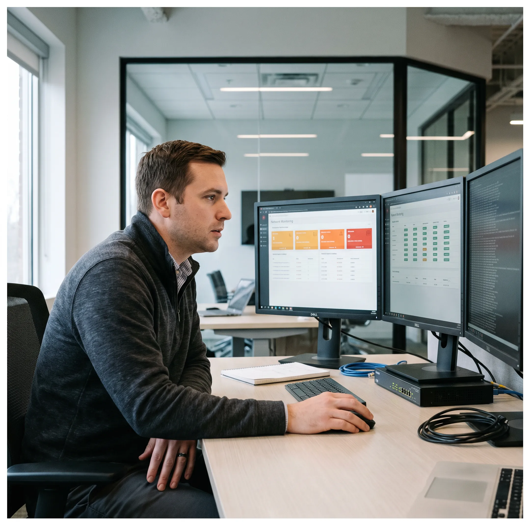 IT specialist monitoring small business cybersecurity systems