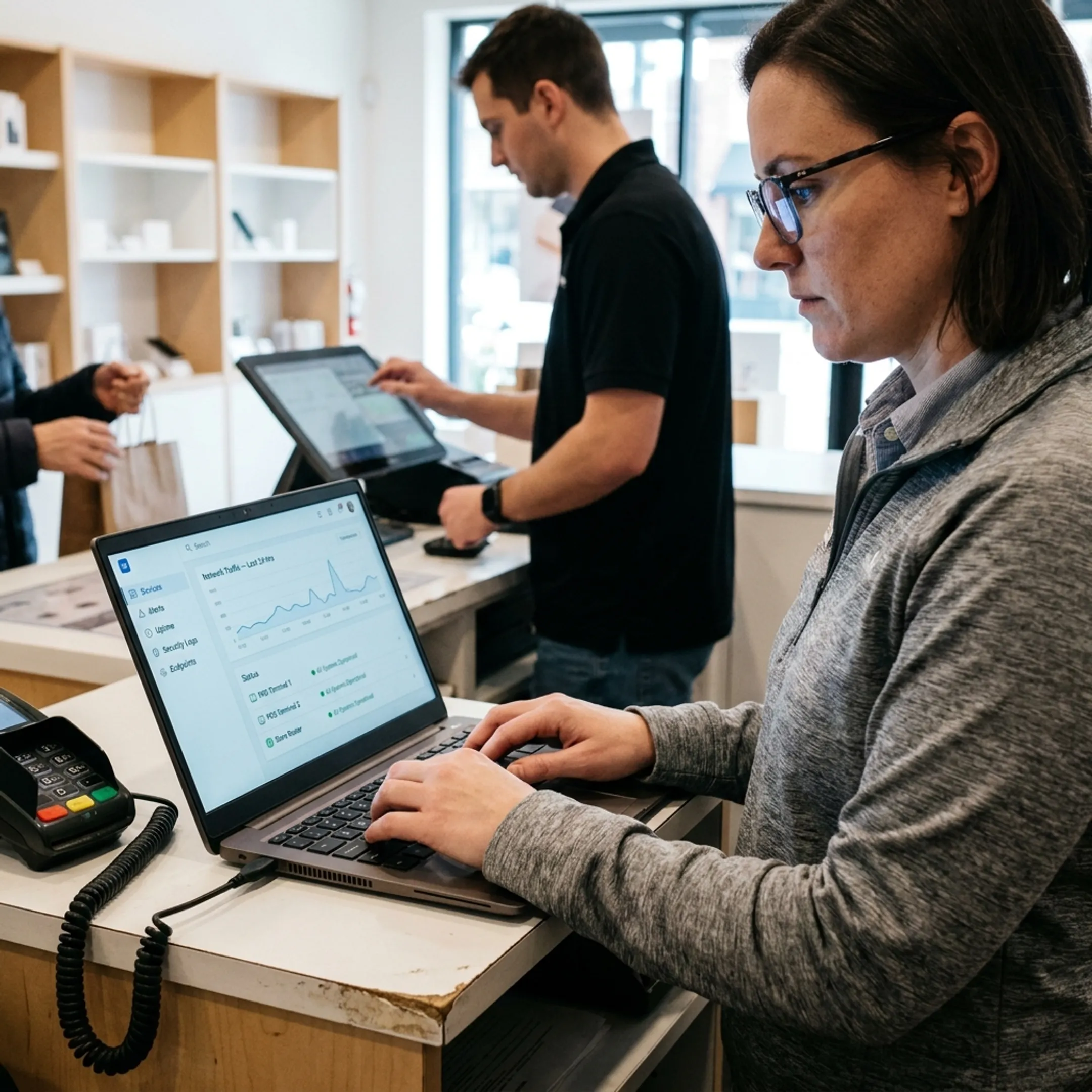 Retail employee using a point-of-sale system with IT support