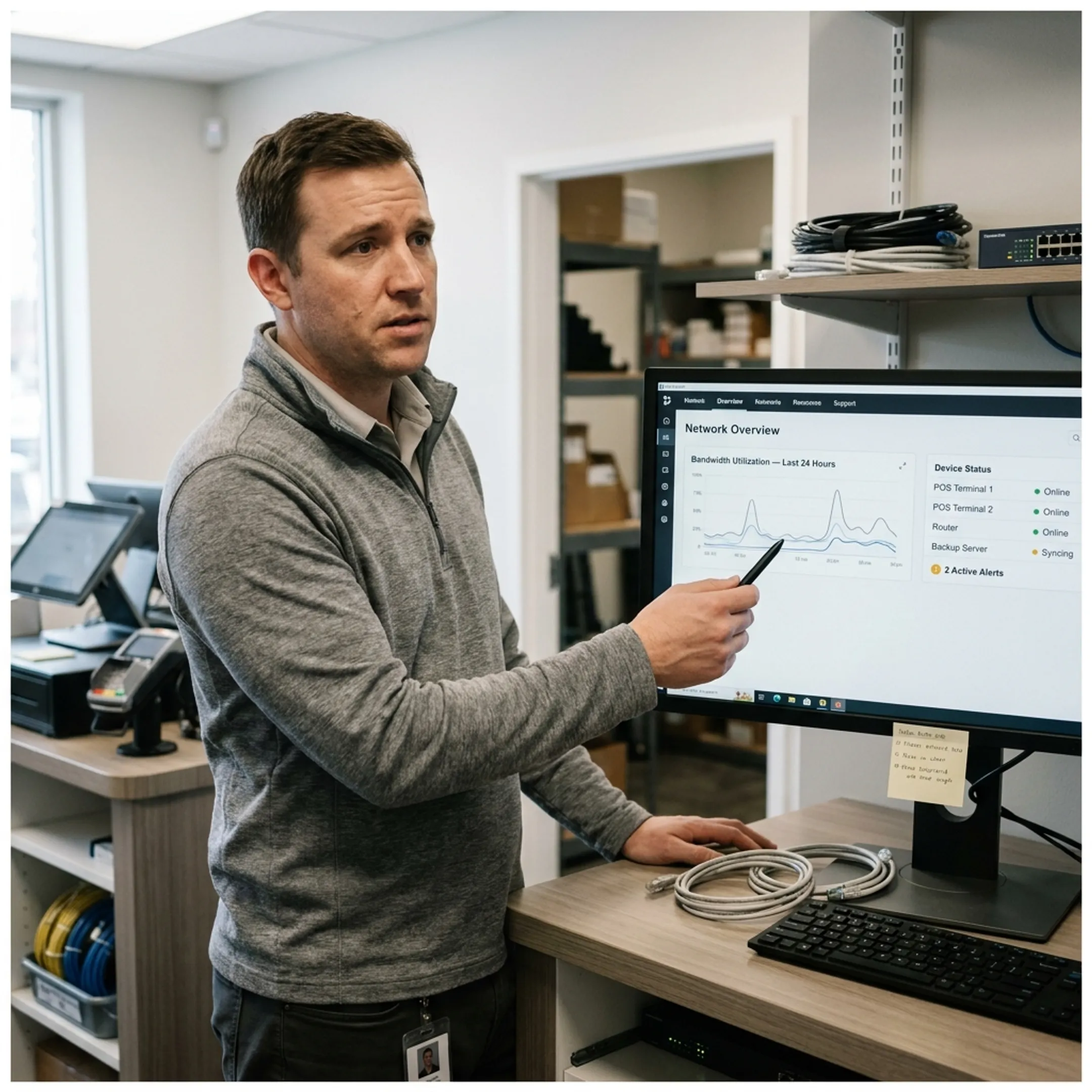 IT professional reviewing retail network performance