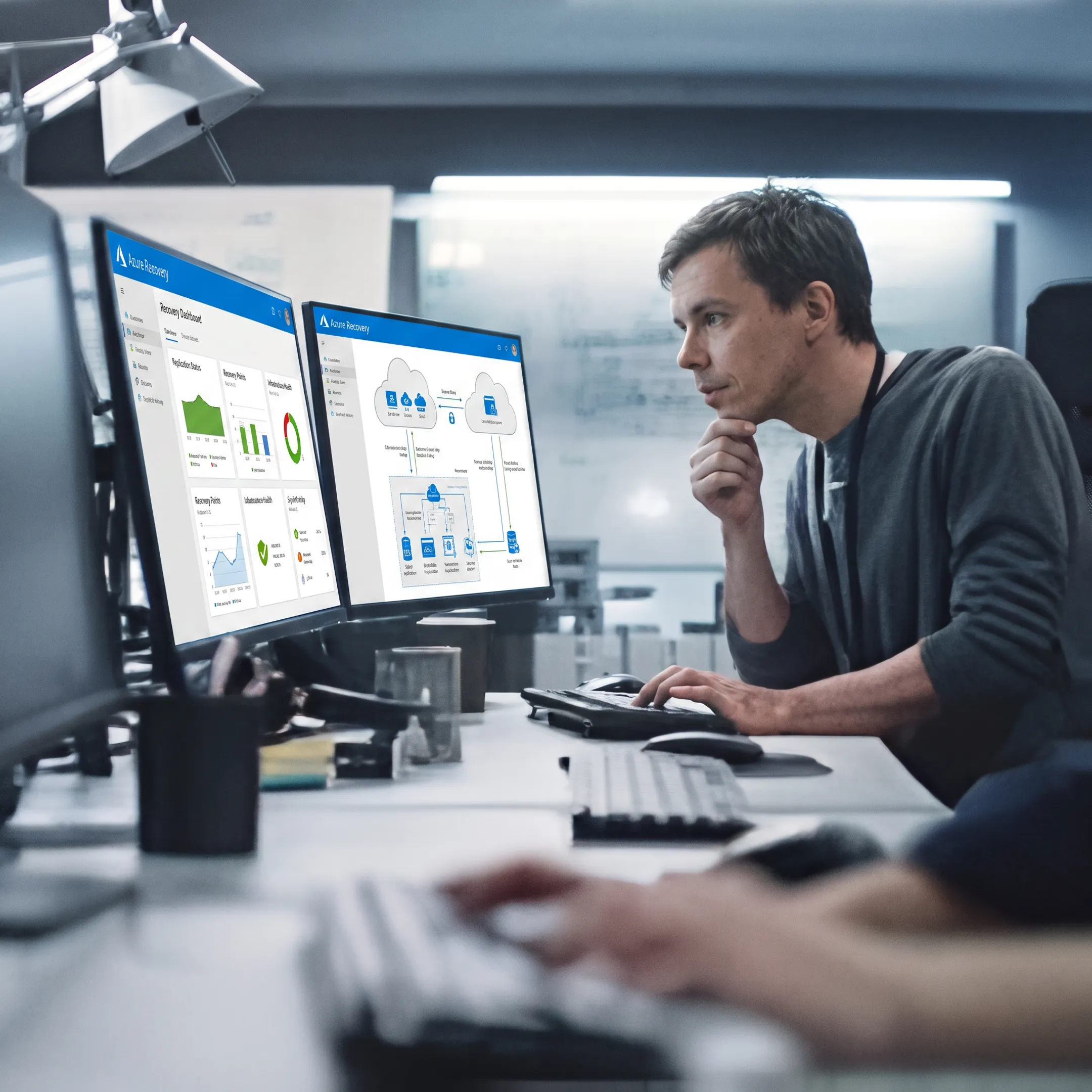IT professional reviewing Azure disaster recovery dashboard