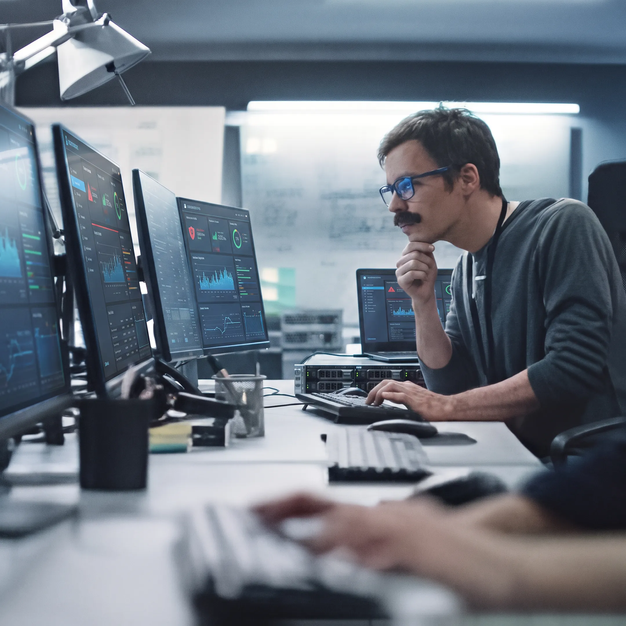 Engineer reviewing cybersecurity monitoring dashboard