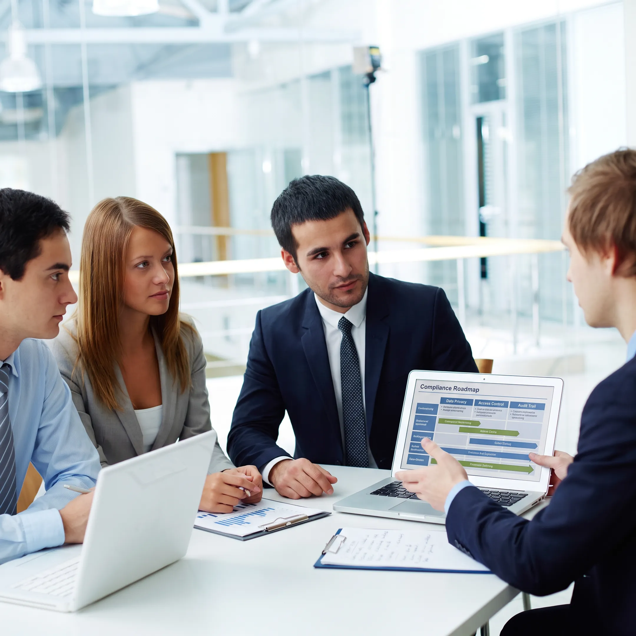 Consultant discussing cybersecurity compliance plan with business team