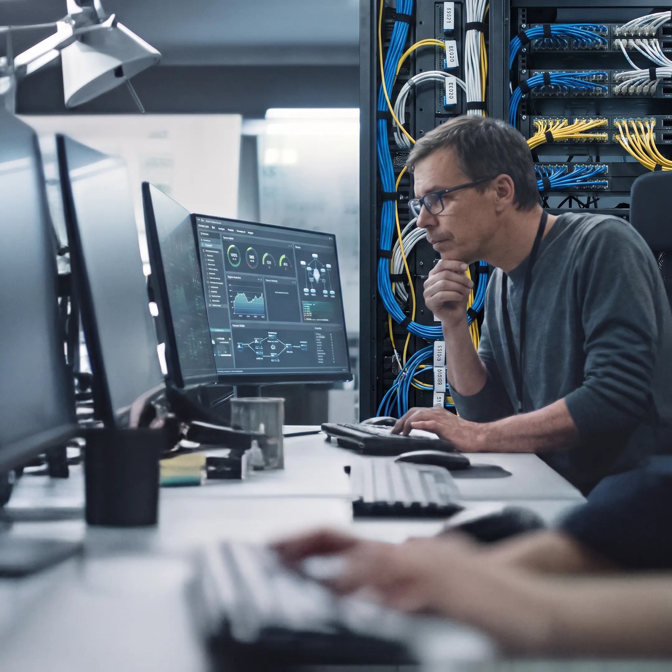 Technician reviewing server performance data