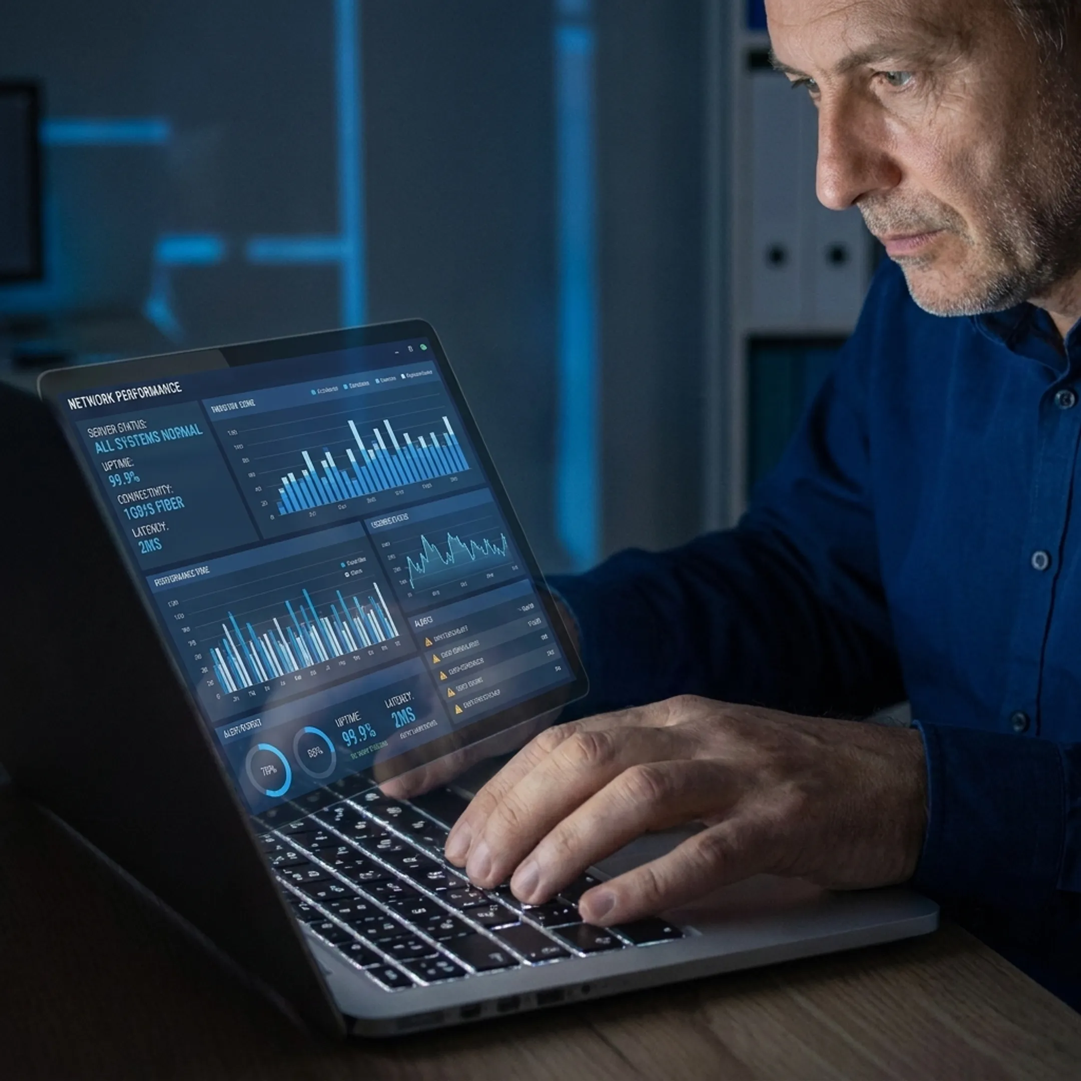 Technician reviewing network performance dashboard