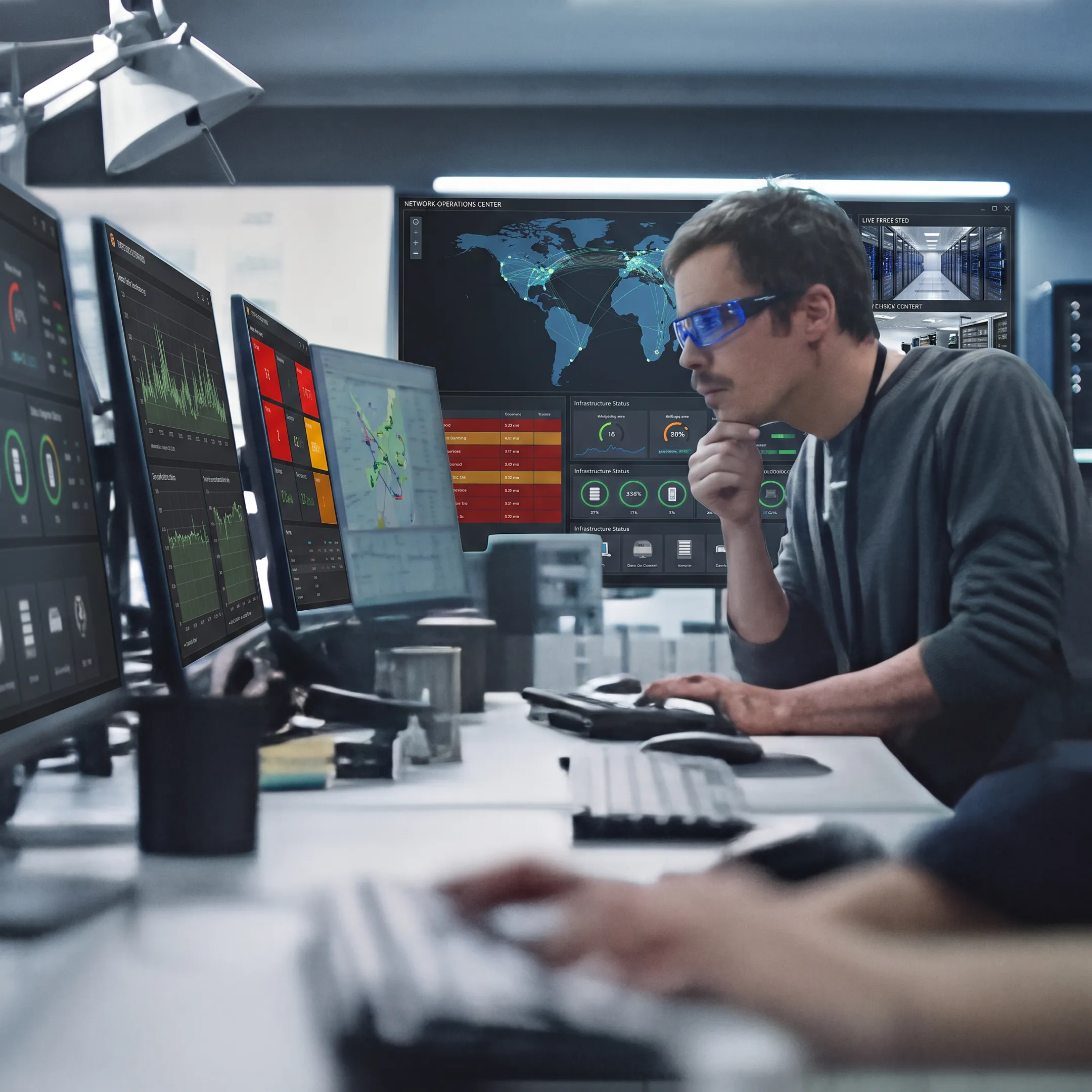 IT professional monitoring network operations dashboards