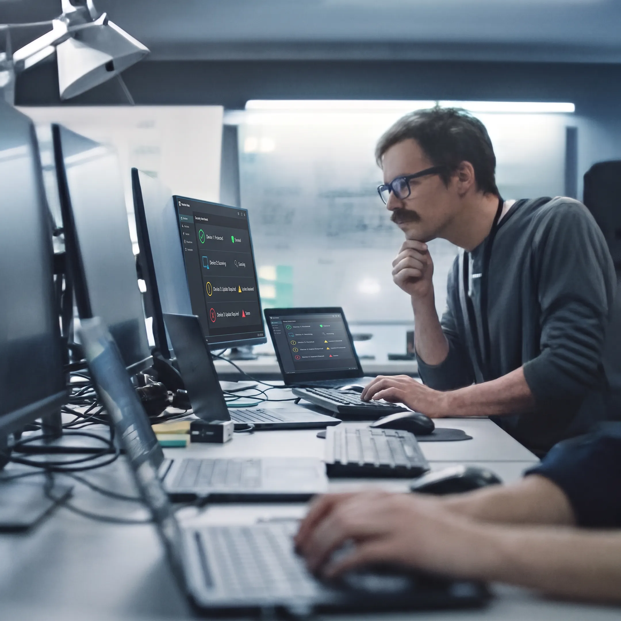 Technician securing business laptop endpoints