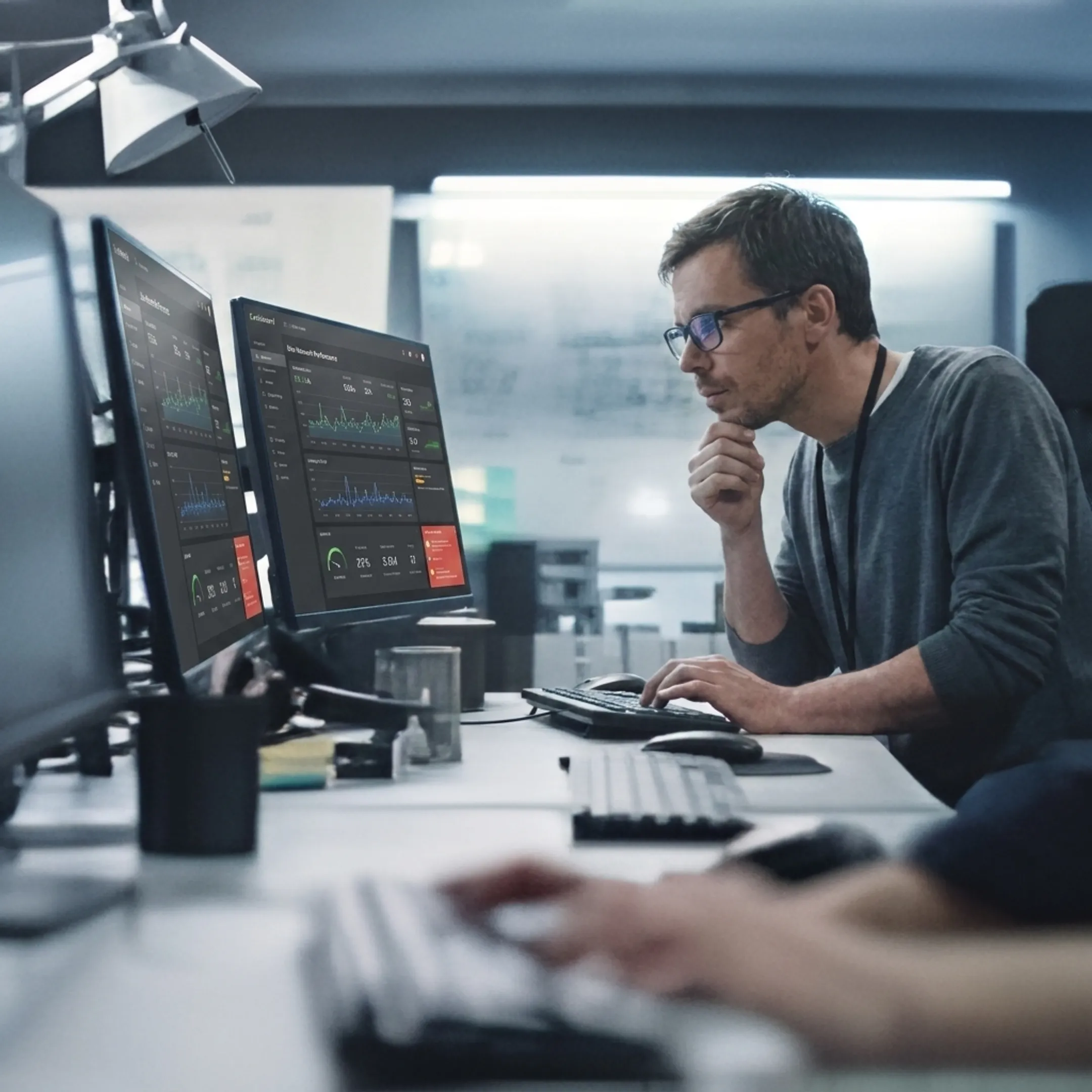 Engineer reviewing live network performance data