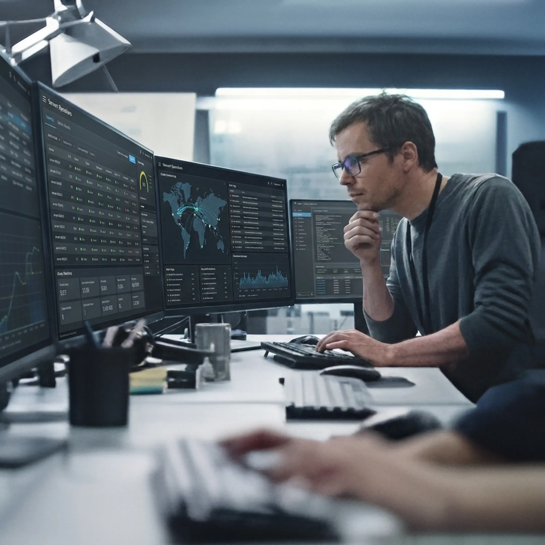IT professional monitoring a network operations center dashboard