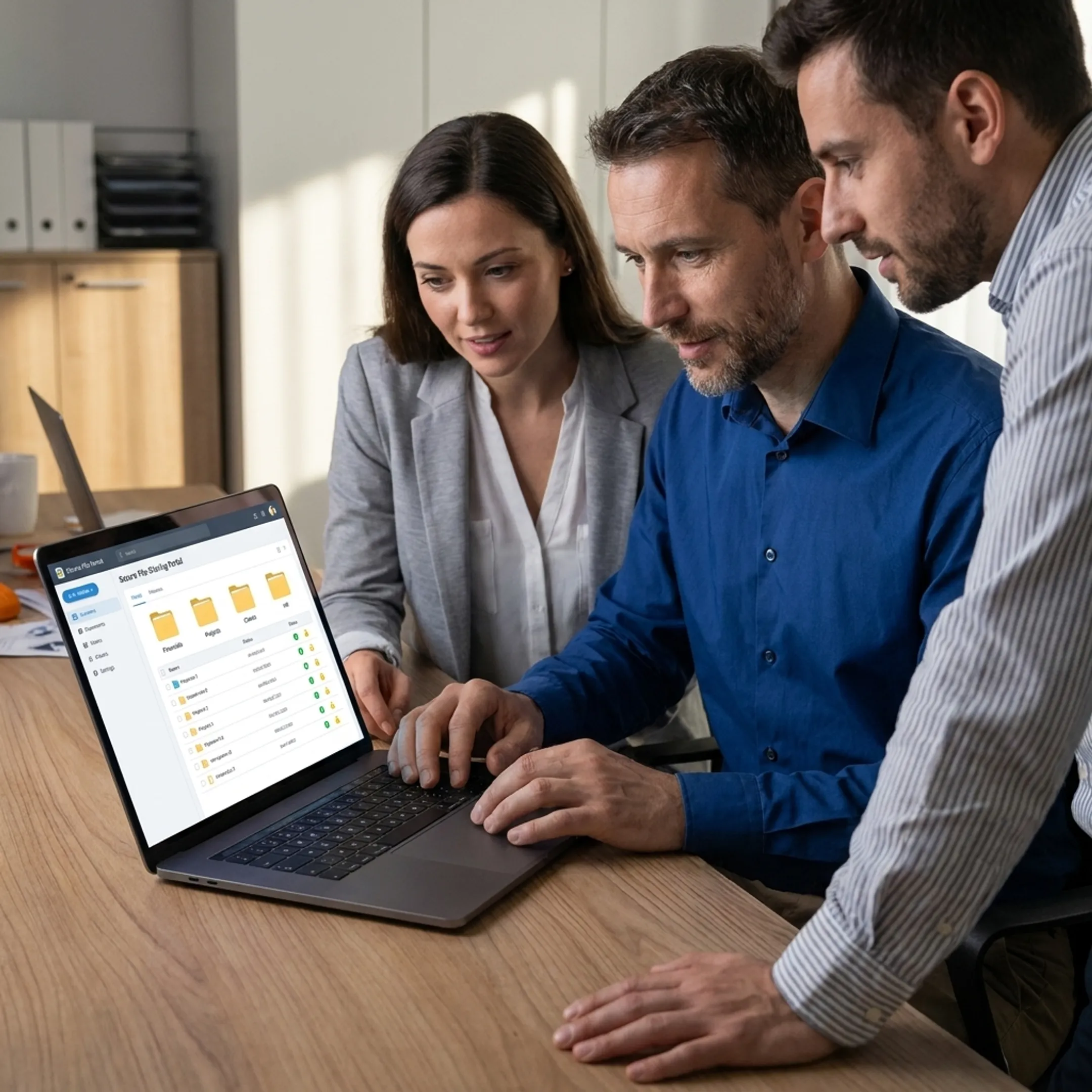 Team reviewing secure client portal files on a laptop