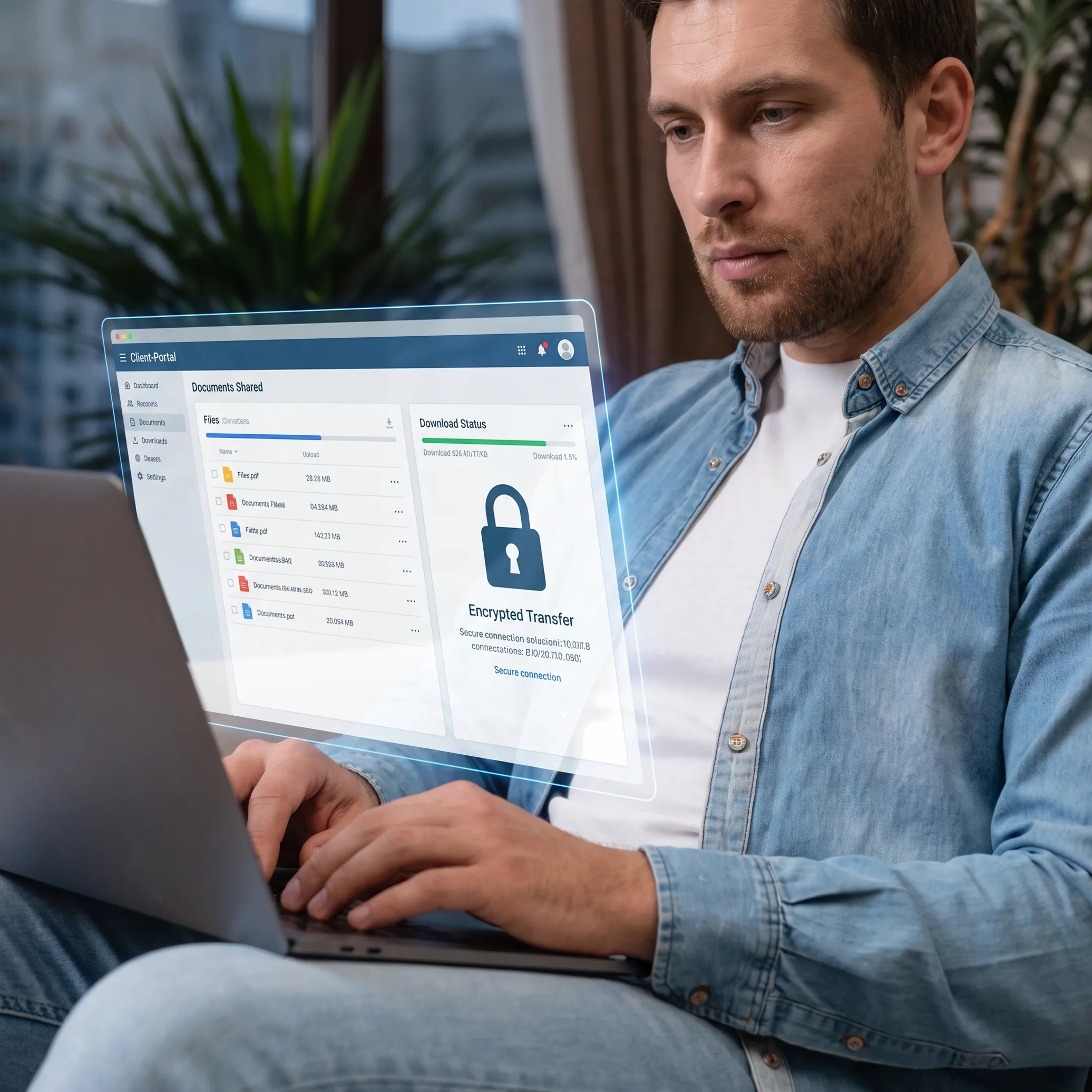 Business professional securely sharing files through a client portal