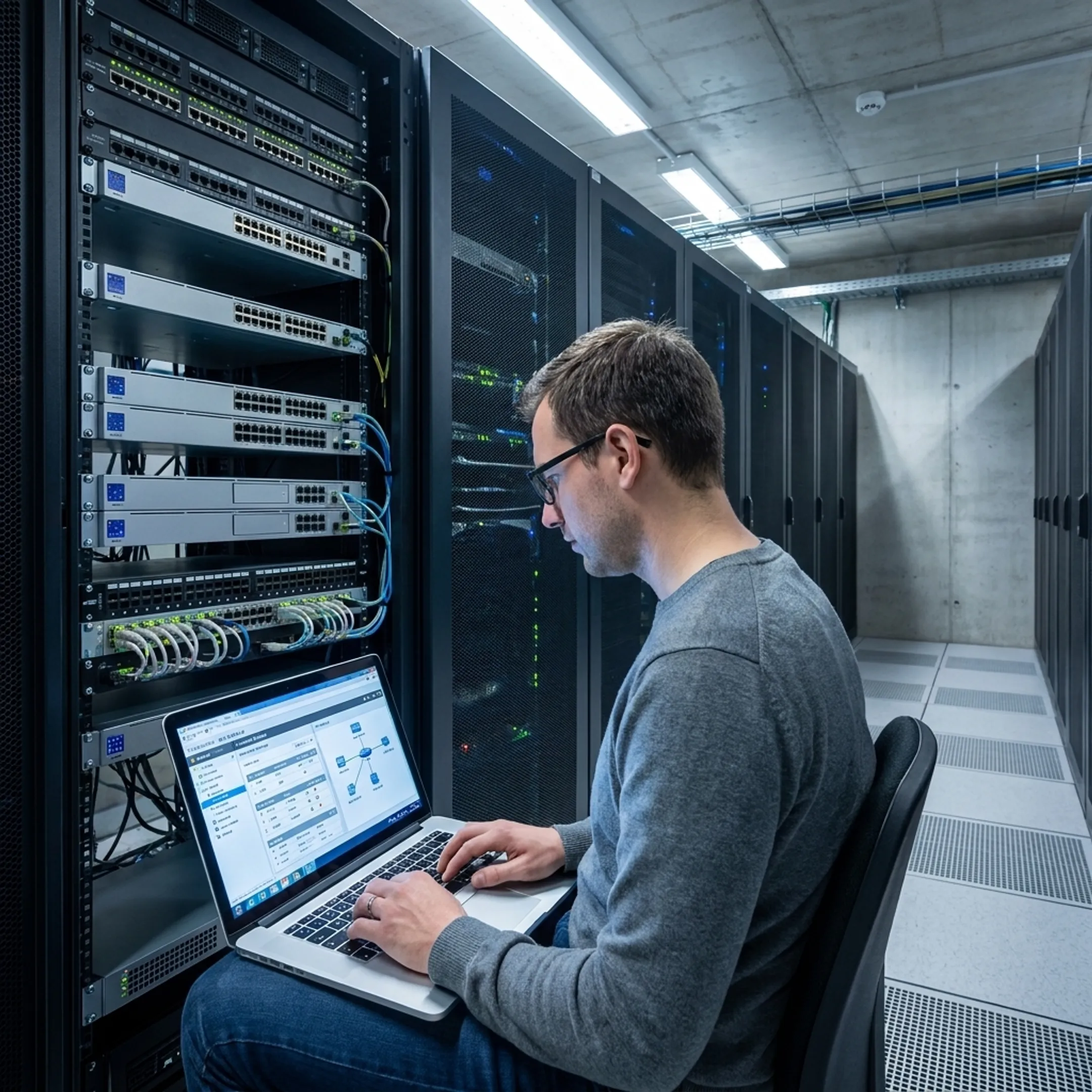 Technician configuring enterprise firewall settings