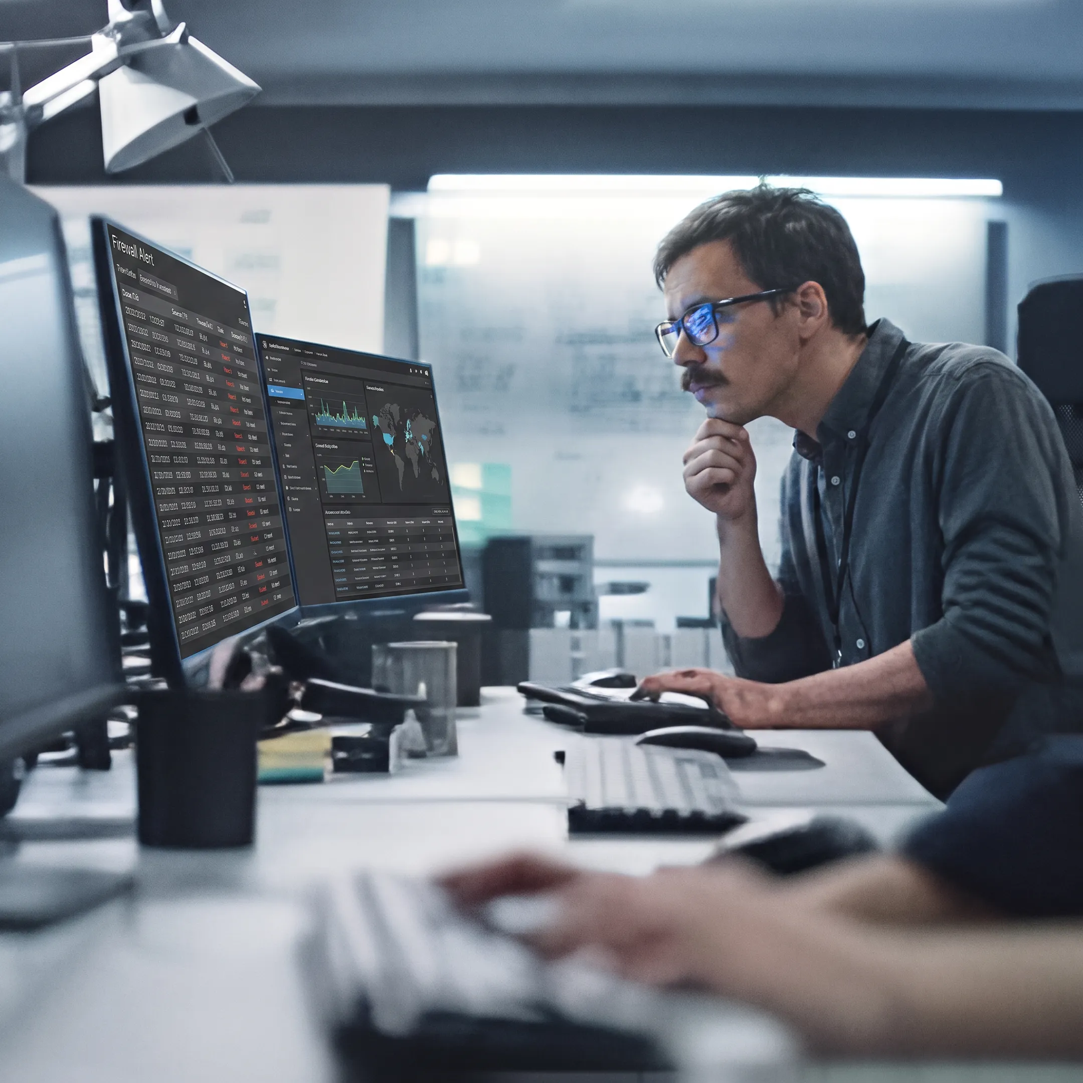 IT engineer monitoring firewall security dashboard