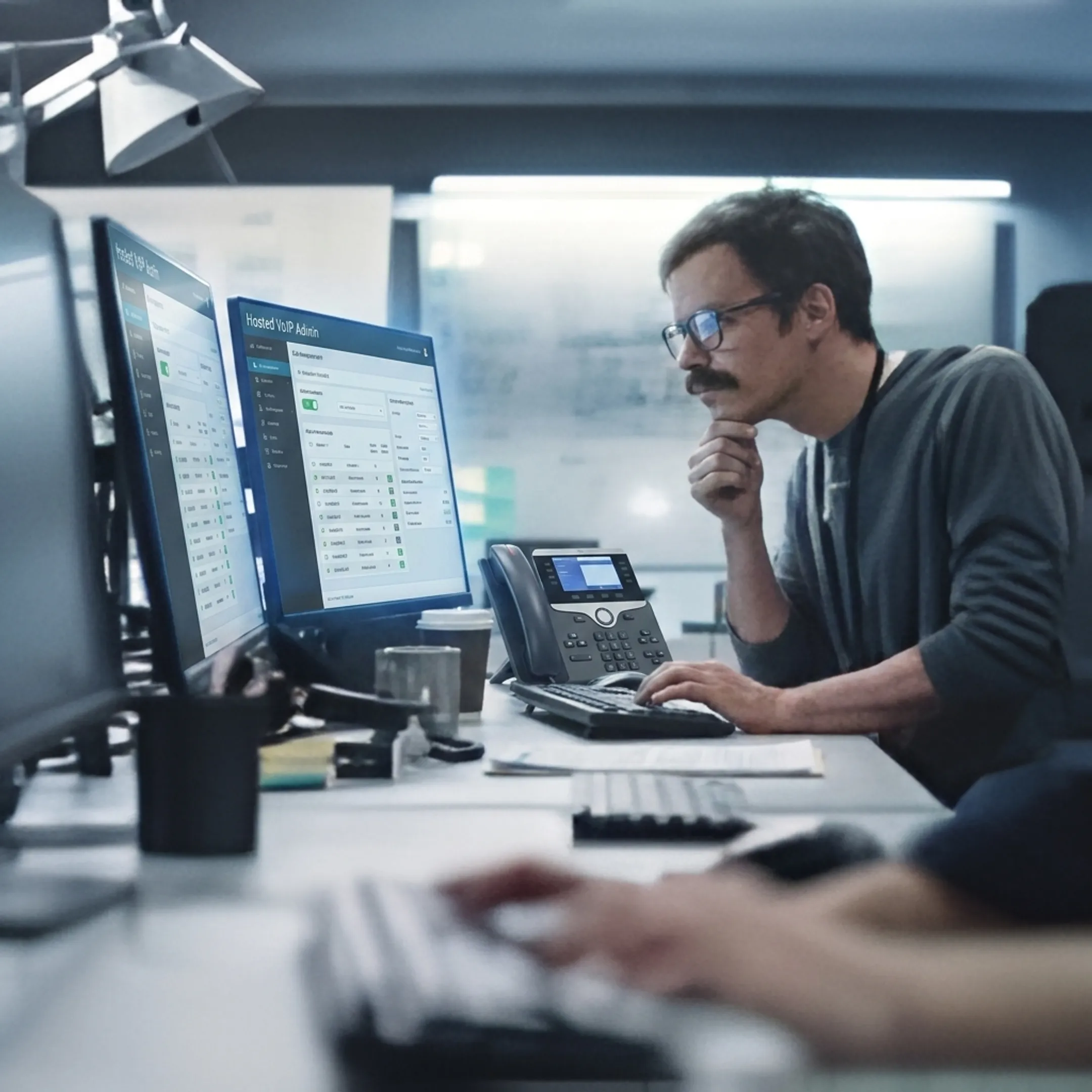 IT specialist reviewing healthcare phone system settings