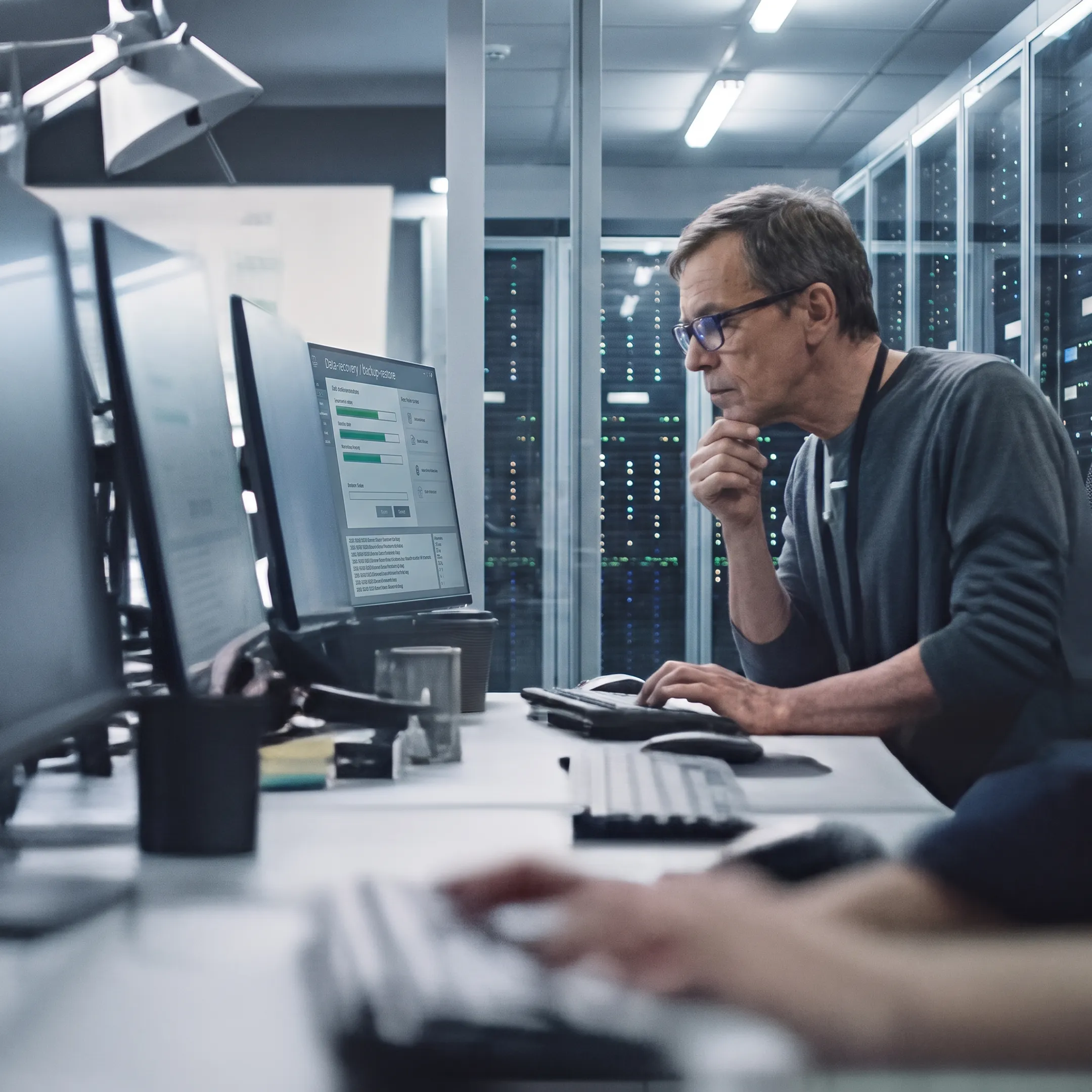 Technician restoring data from enterprise servers