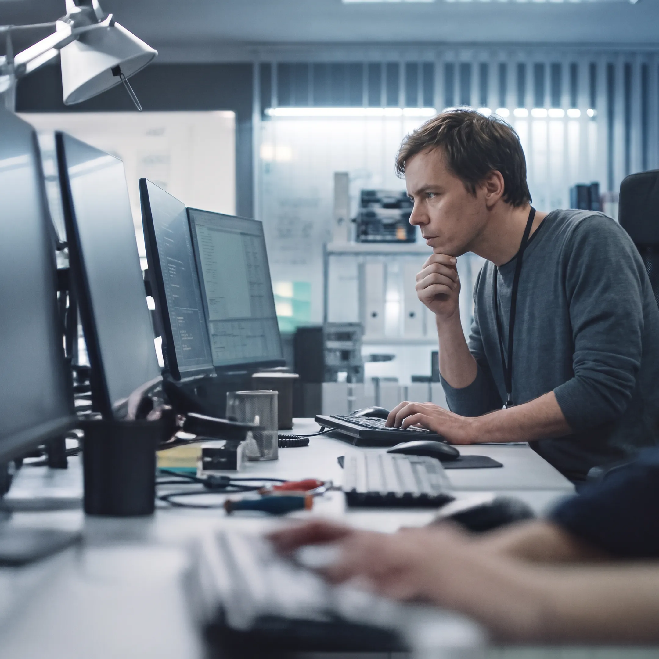 Technician diagnosing a desktop computer