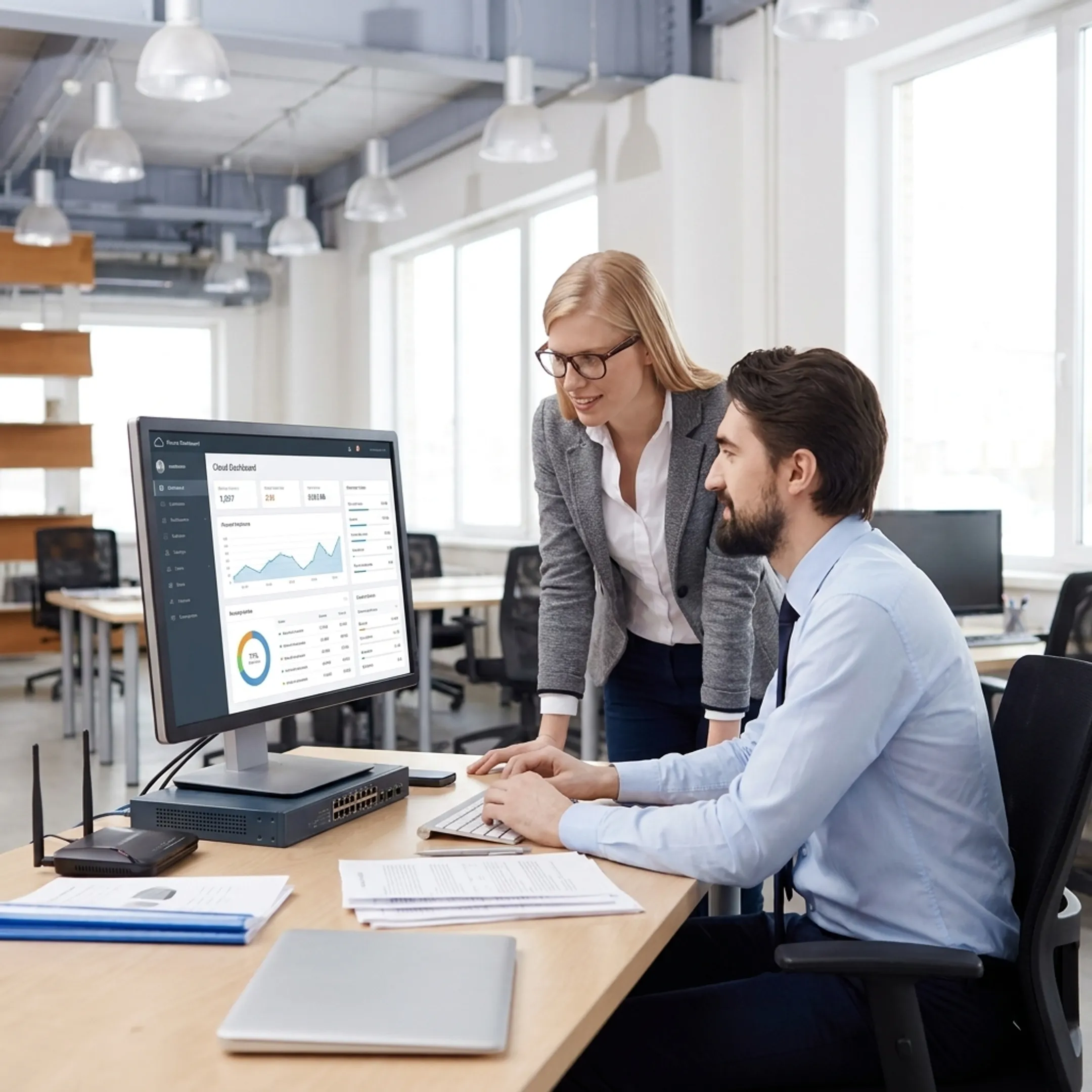 Insurance agency staff reviewing secure IT systems